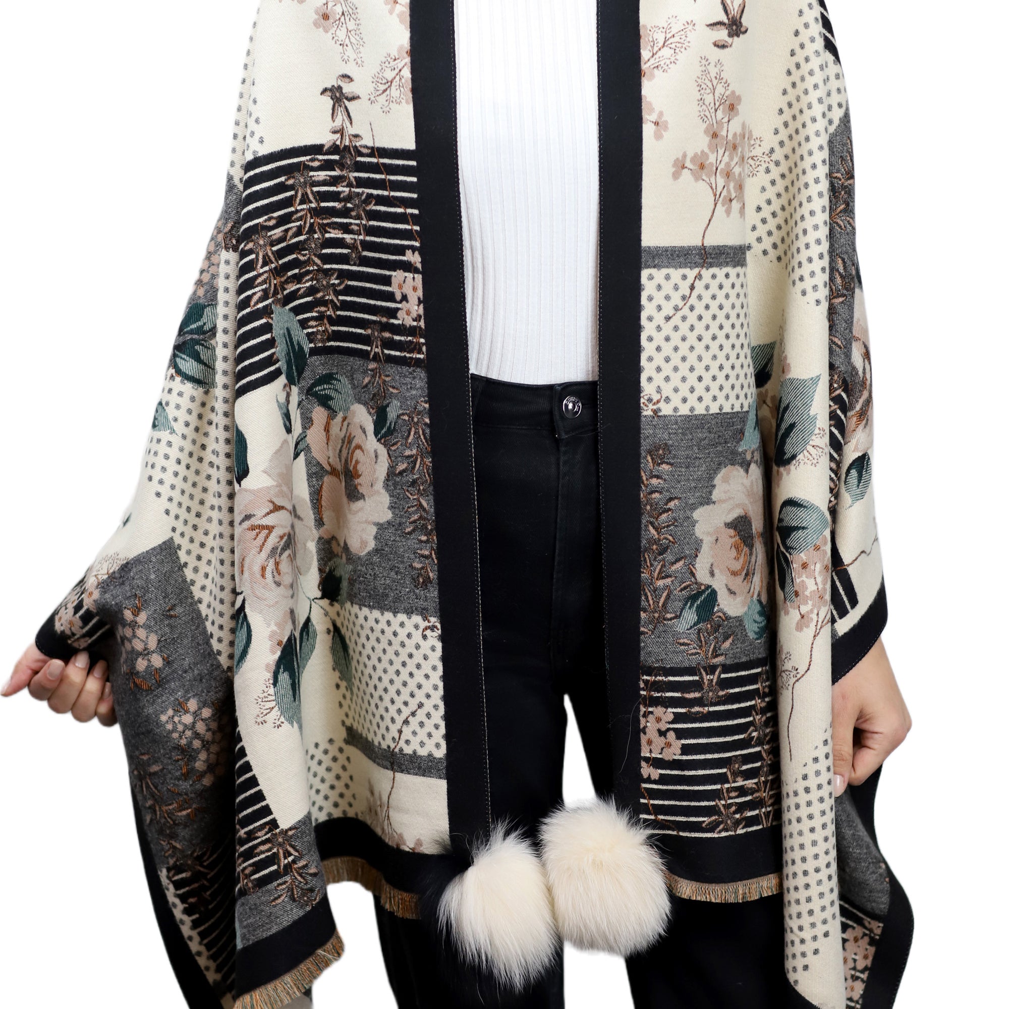 Abstract Floral Print Wrap with Fox Poms - Black & Beige - Fur Wrap - La Fiorentina TINA59-2305-BLACKBEIGE