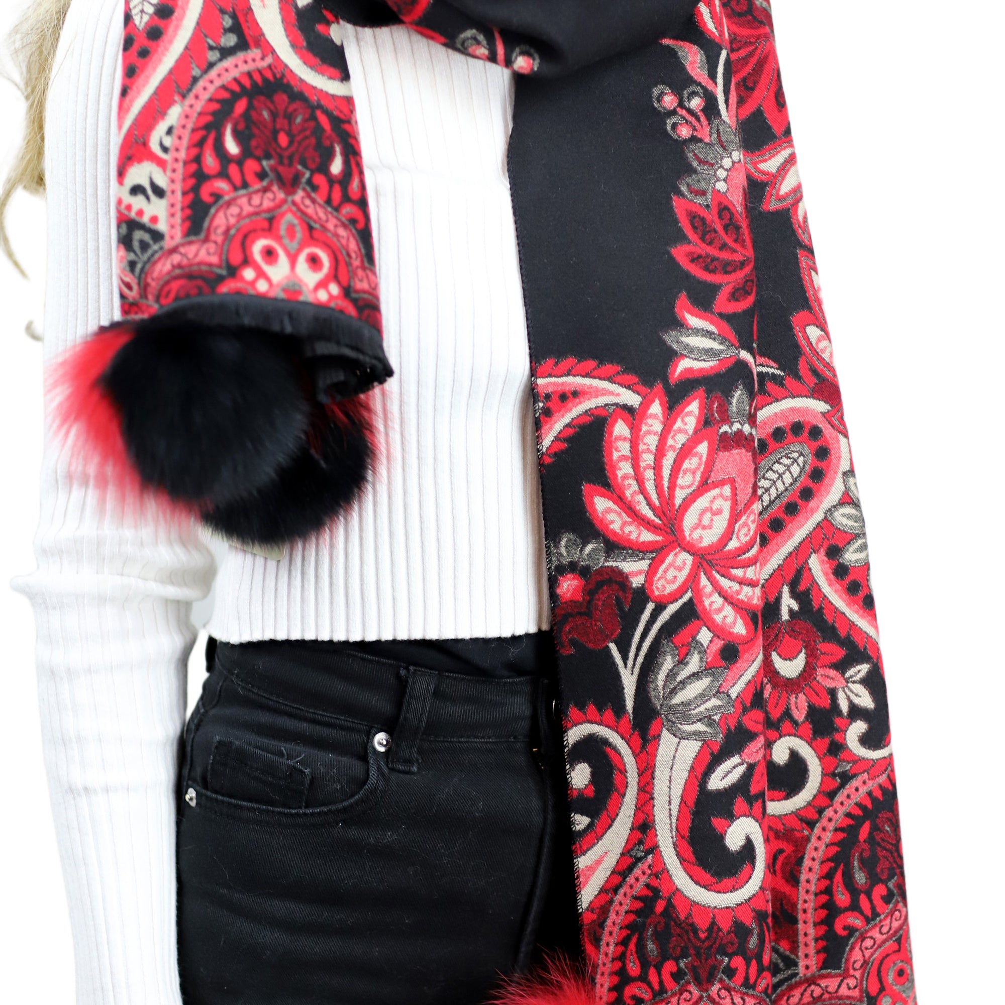 Paisley Print Wrap with Fox Poms - Black & Red - Fur Wrap - La Fiorentina TINA59-2304-BLACKRED