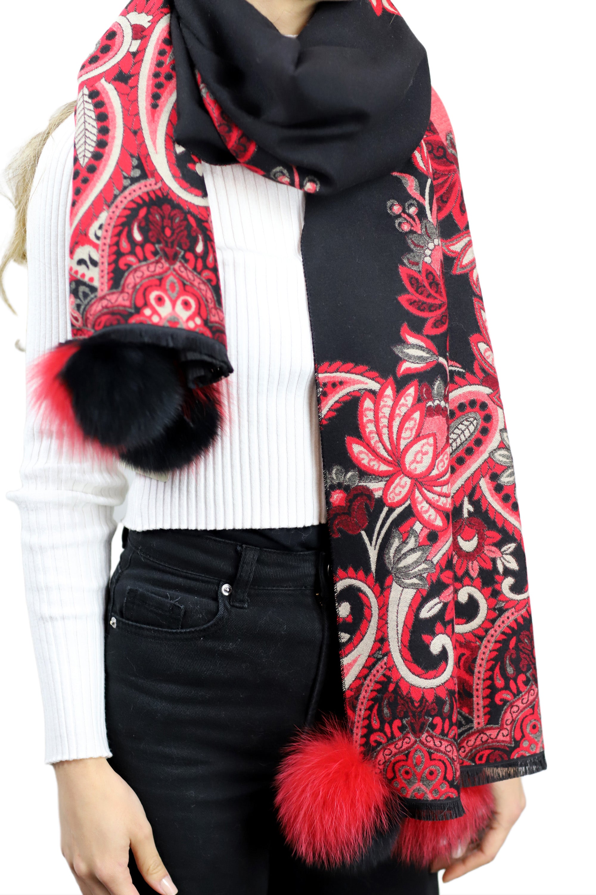 Paisley Print Wrap with Fox Poms - Black & Red - Fur Wrap - La Fiorentina TINA59-2304-BLACKRED