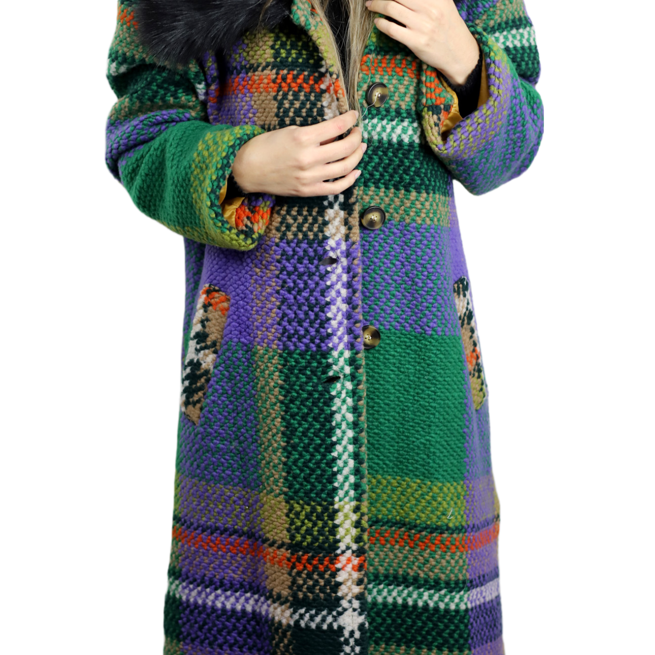 La Fiorentina Long Plaid Wool Coat w/ Faux Fur Trim- Green/Black - Faux Fur Jacket - La Fiorentina FL3636-GRNBLK-SM