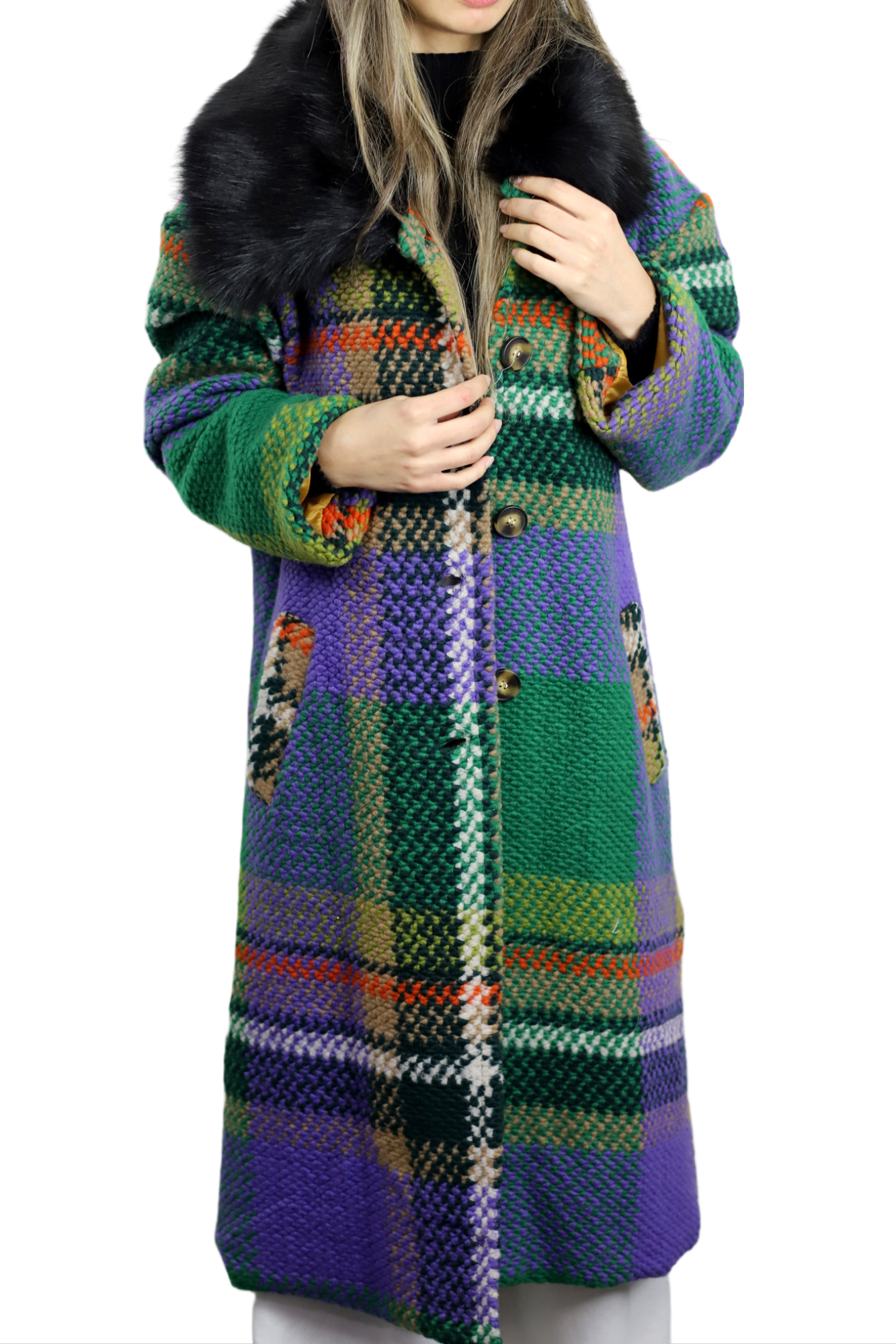 La Fiorentina Long Plaid Wool Coat w/ Faux Fur Trim- Green/Black - Faux Fur Jacket - La Fiorentina FL3636-GRNBLK-SM
