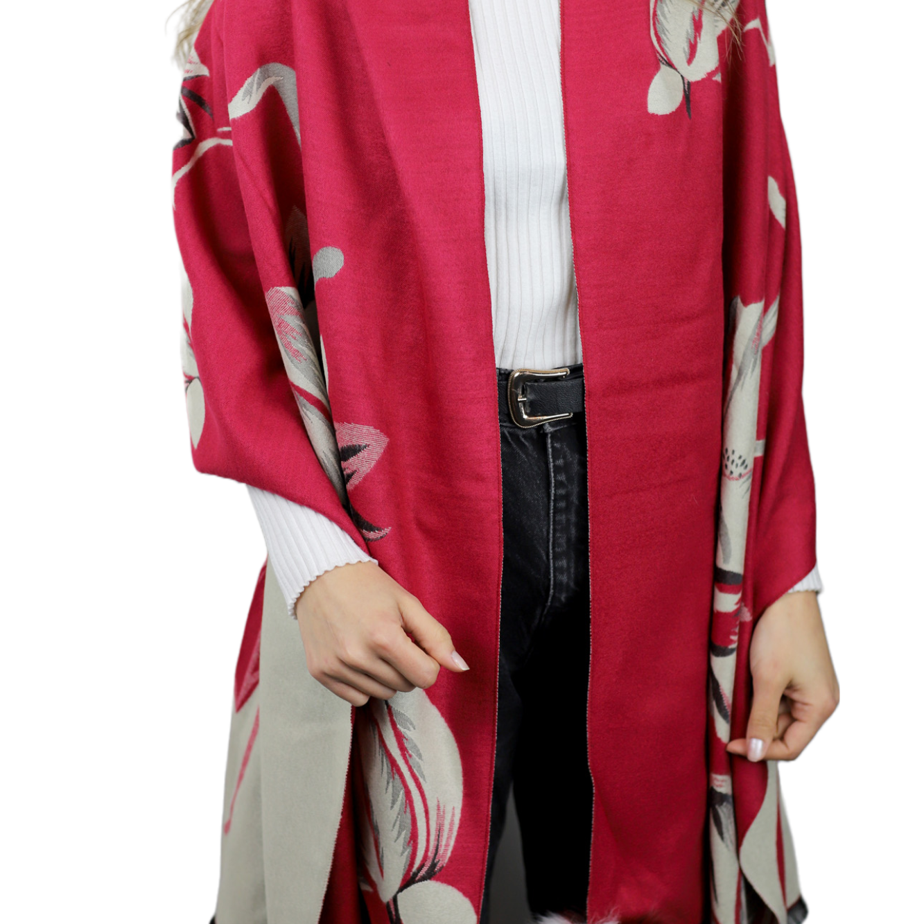  La Fiorentina Garden Print Wrap with Fur Poms - Red/Ivory - Fur Wrap - La Fiorentina TINA59-2205-REDIVORY