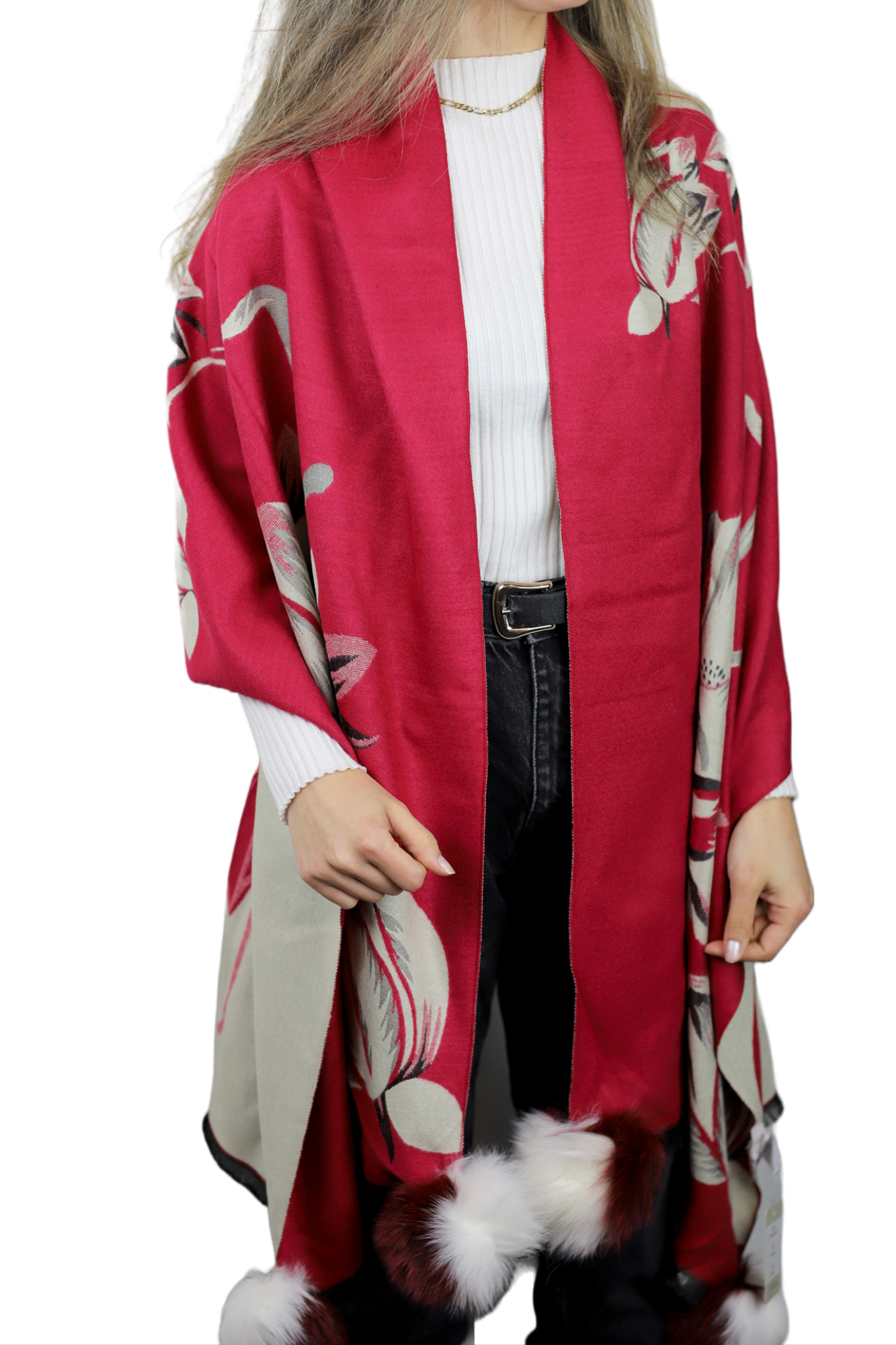  La Fiorentina Garden Print Wrap with Fur Poms - Red/Ivory - Fur Wrap - La Fiorentina TINA59-2205-REDIVORY