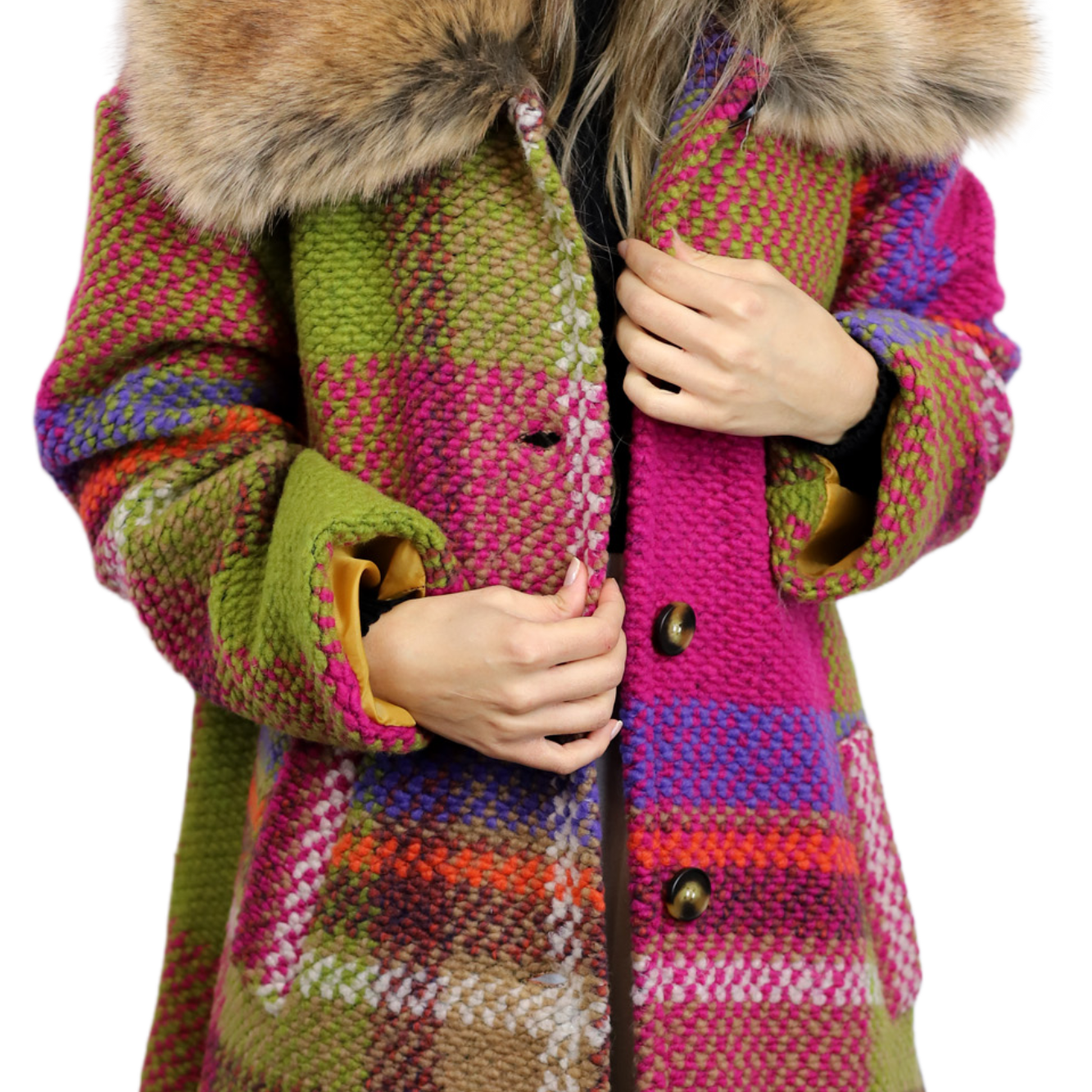 La Fiorentina Long Plaid Wool Coat w/ Faux Fur Trim - Fuchsia/Camel - Faux Fur Jacket - La Fiorentina FL3636-CMLFUSIA-SM
