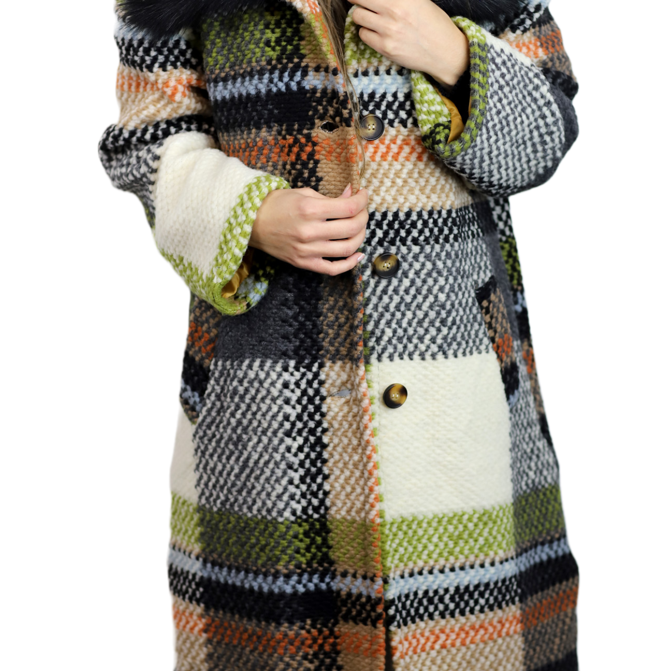 La Fiorentina Long Plaid Wool Coat w/ Faux Fur Trim - Ivory/Black - Faux Fur Jacket - La Fiorentina FL3636-IVRYBLK-SM