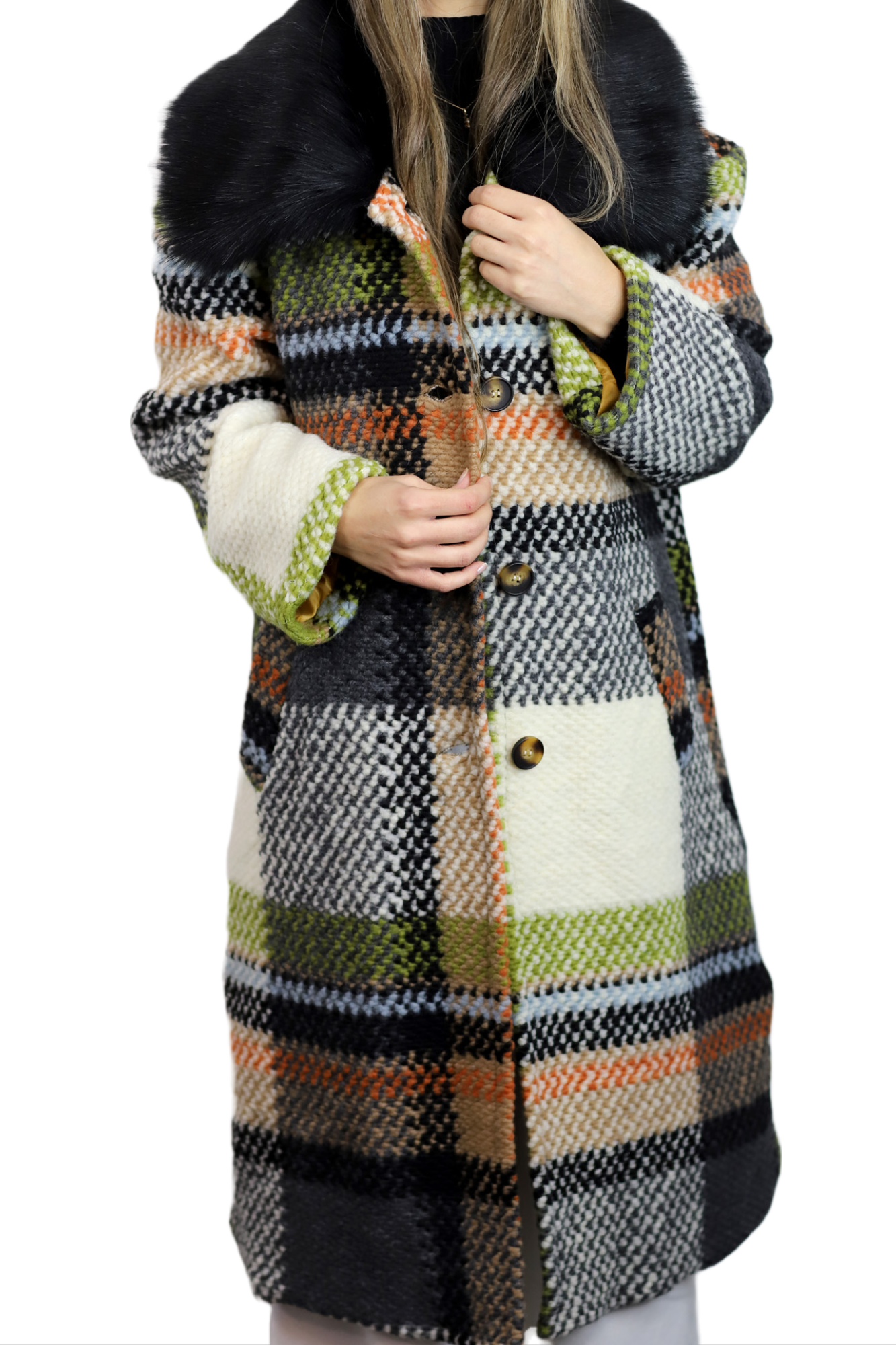 La Fiorentina Long Plaid Wool Coat w/ Faux Fur Trim - Ivory/Black - Faux Fur Jacket - La Fiorentina FL3636-IVRYBLK-SM
