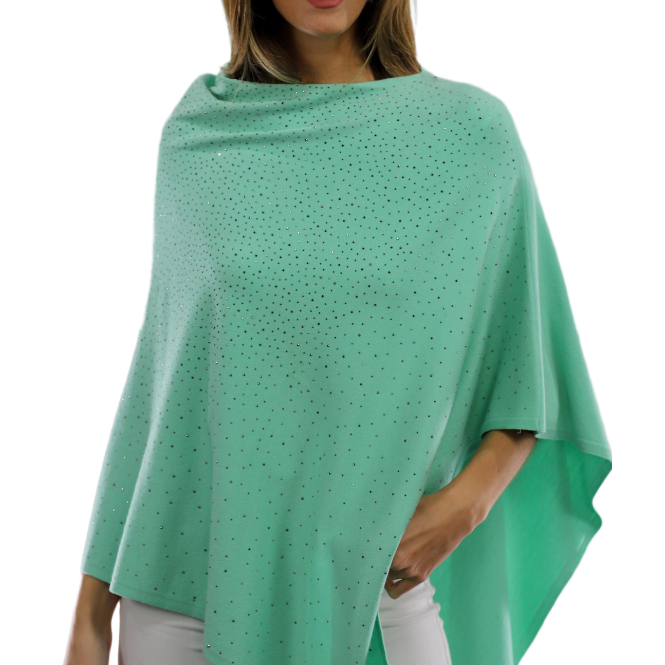Light Weight Poncho with Embellishments - Green - Poncho - La Fiorentina BE13