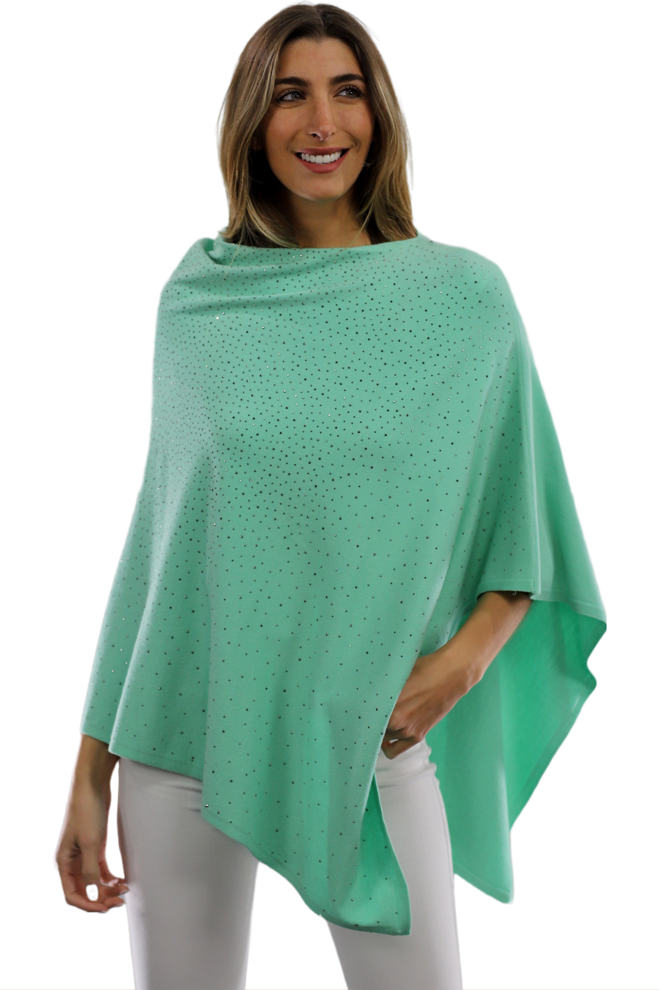 Light Weight Poncho with Embellishments - Green - Poncho - La Fiorentina BE13