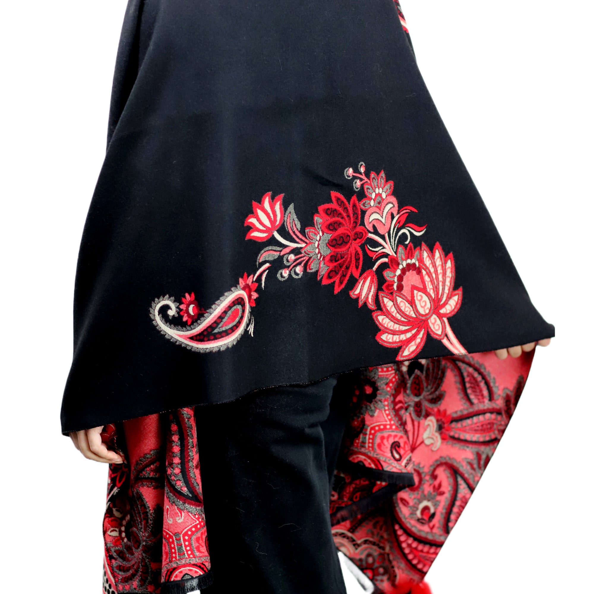 Paisley Print Wrap with Fox Poms - Black & Red - Fur Wrap - La Fiorentina TINA59-2304-BLACKRED