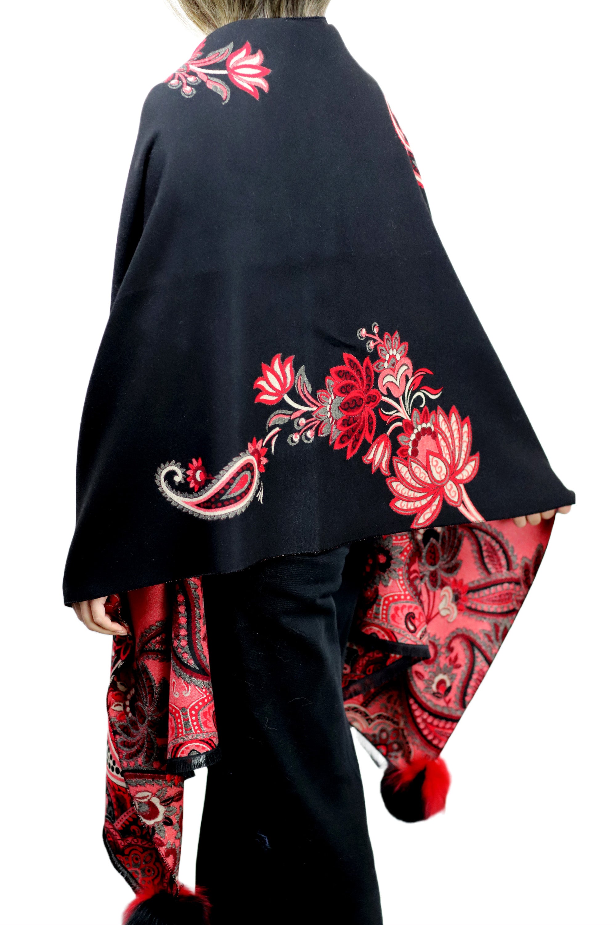 Paisley Print Wrap with Fox Poms - Black & Red - Fur Wrap - La Fiorentina TINA59-2304-BLACKRED