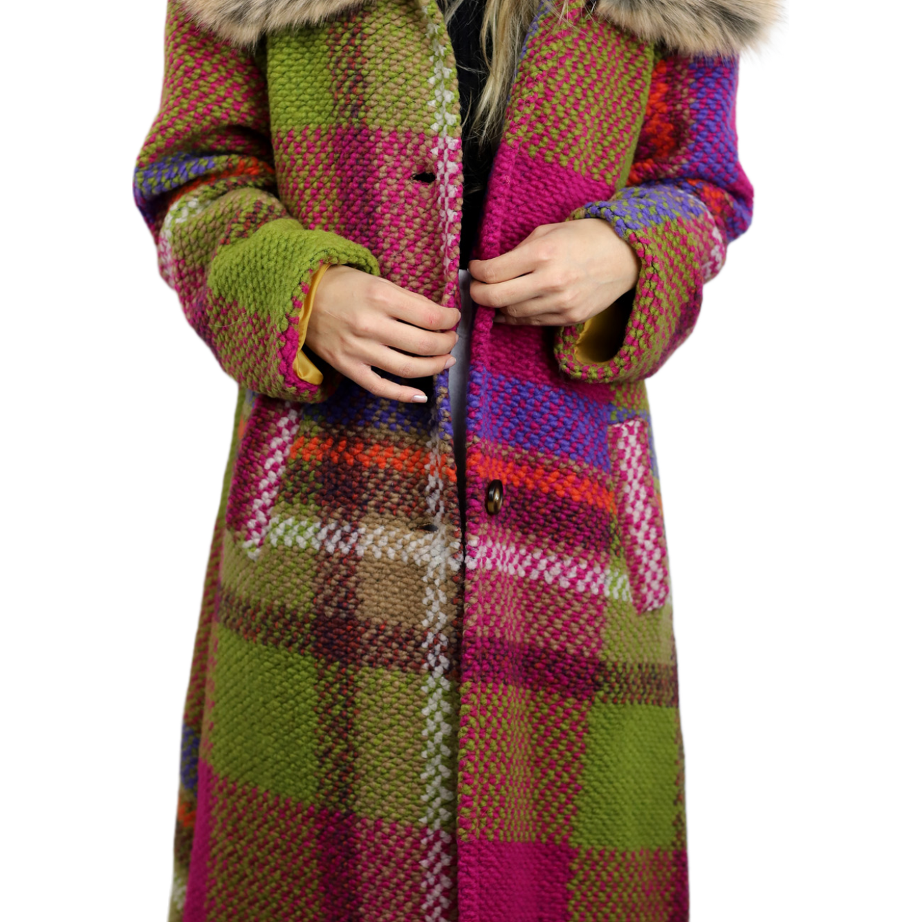 La Fiorentina Long Plaid Wool Coat w/ Faux Fur Trim - Fuchsia/Camel - Faux Fur Jacket - La Fiorentina FL3636-CMLFUSIA-ML