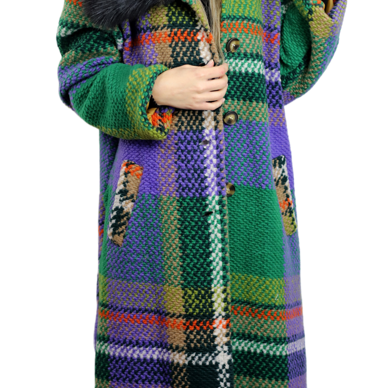 La Fiorentina Long Plaid Wool Coat w/ Faux Fur Trim- Green/Black - Faux Fur Jacket - La Fiorentina FL3636-GRNBLK-ML