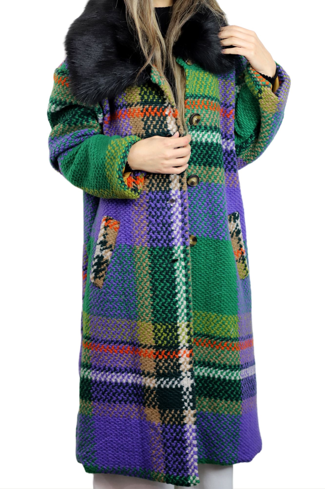 La Fiorentina Long Plaid Wool Coat w/ Faux Fur Trim- Green/Black - Faux Fur Jacket - La Fiorentina FL3636-GRNBLK-ML
