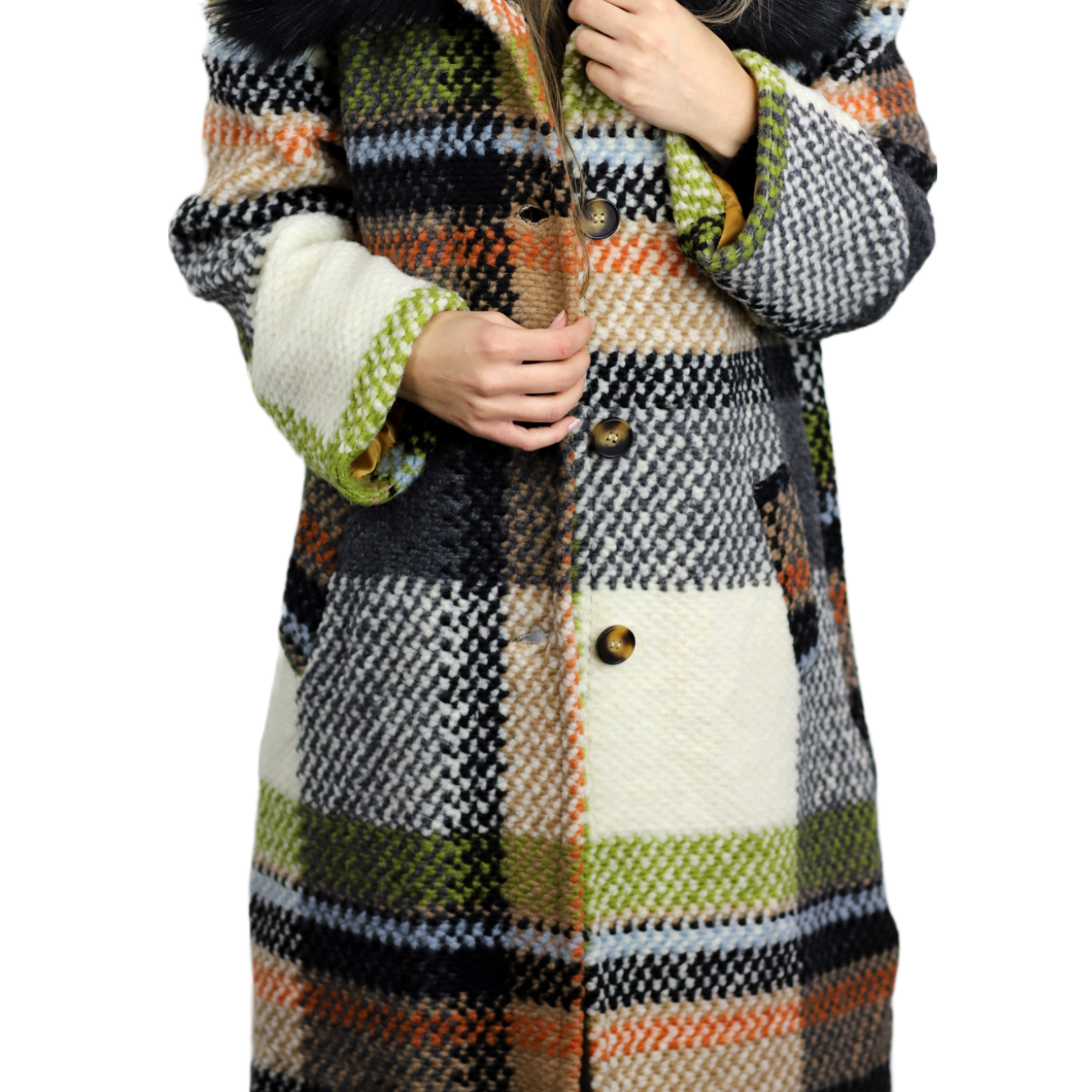 La Fiorentina Long Plaid Wool Coat w/ Faux Fur Trim - Ivory/Black - Faux Fur Jacket - La Fiorentina