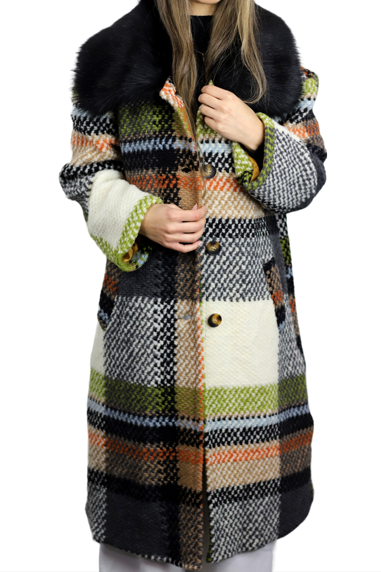 La Fiorentina Long Plaid Wool Coat w/ Faux Fur Trim - Ivory/Black - Faux Fur Jacket - La Fiorentina