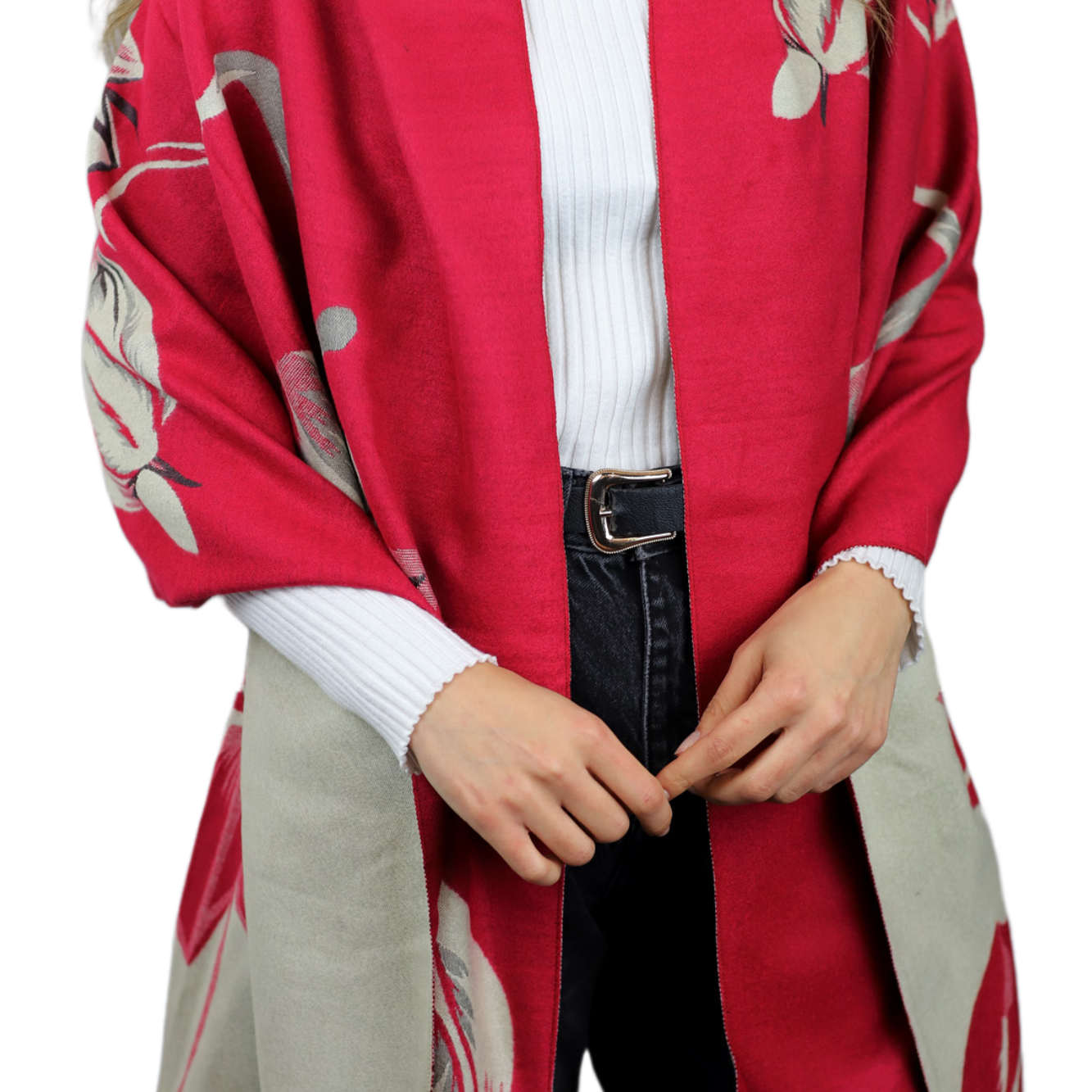  La Fiorentina Garden Print Wrap with Fur Poms - Red/Ivory - Fur Wrap - La Fiorentina TINA59-2205-REDIVORY