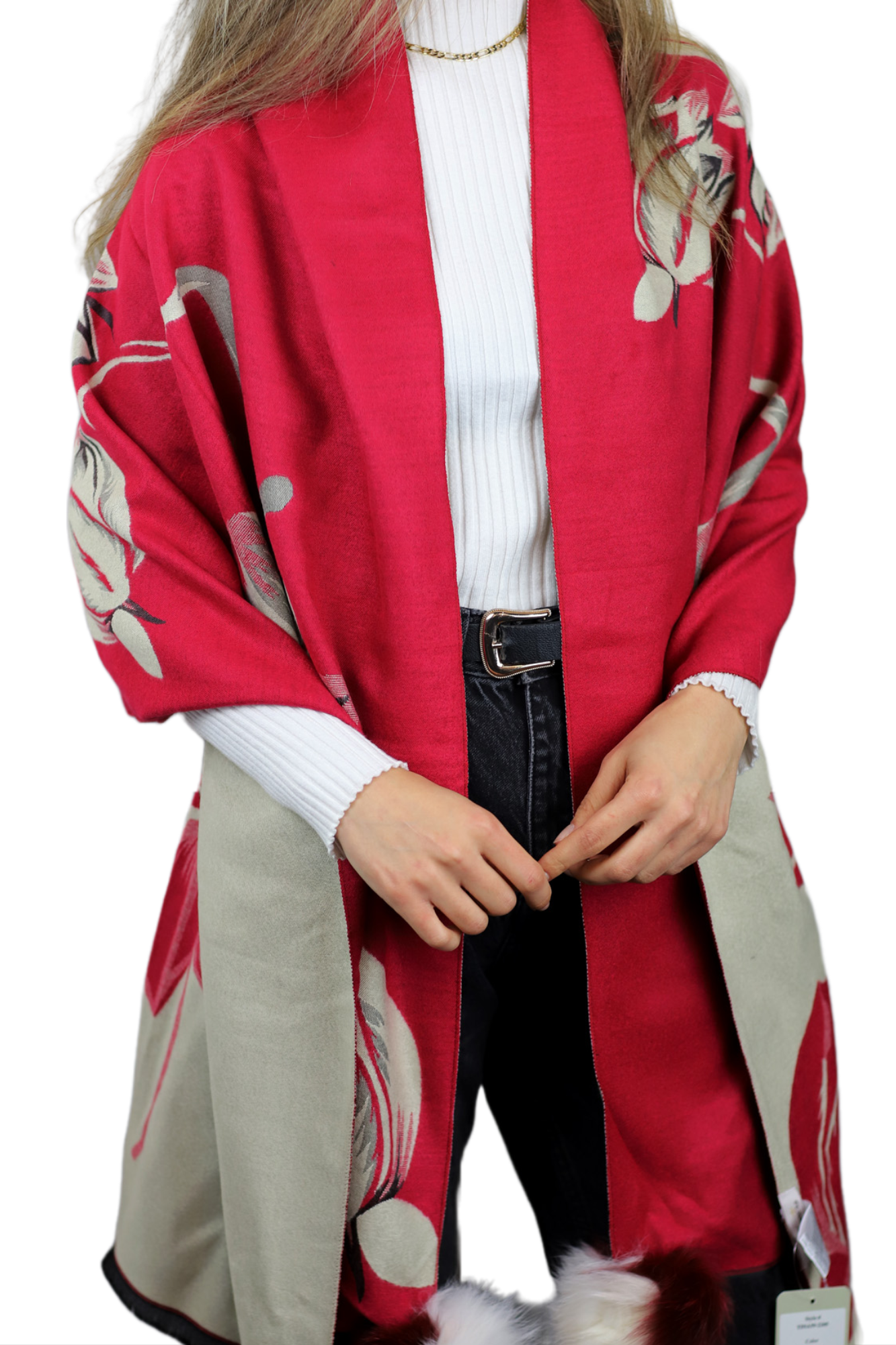  La Fiorentina Garden Print Wrap with Fur Poms - Red/Ivory - Fur Wrap - La Fiorentina TINA59-2205-REDIVORY