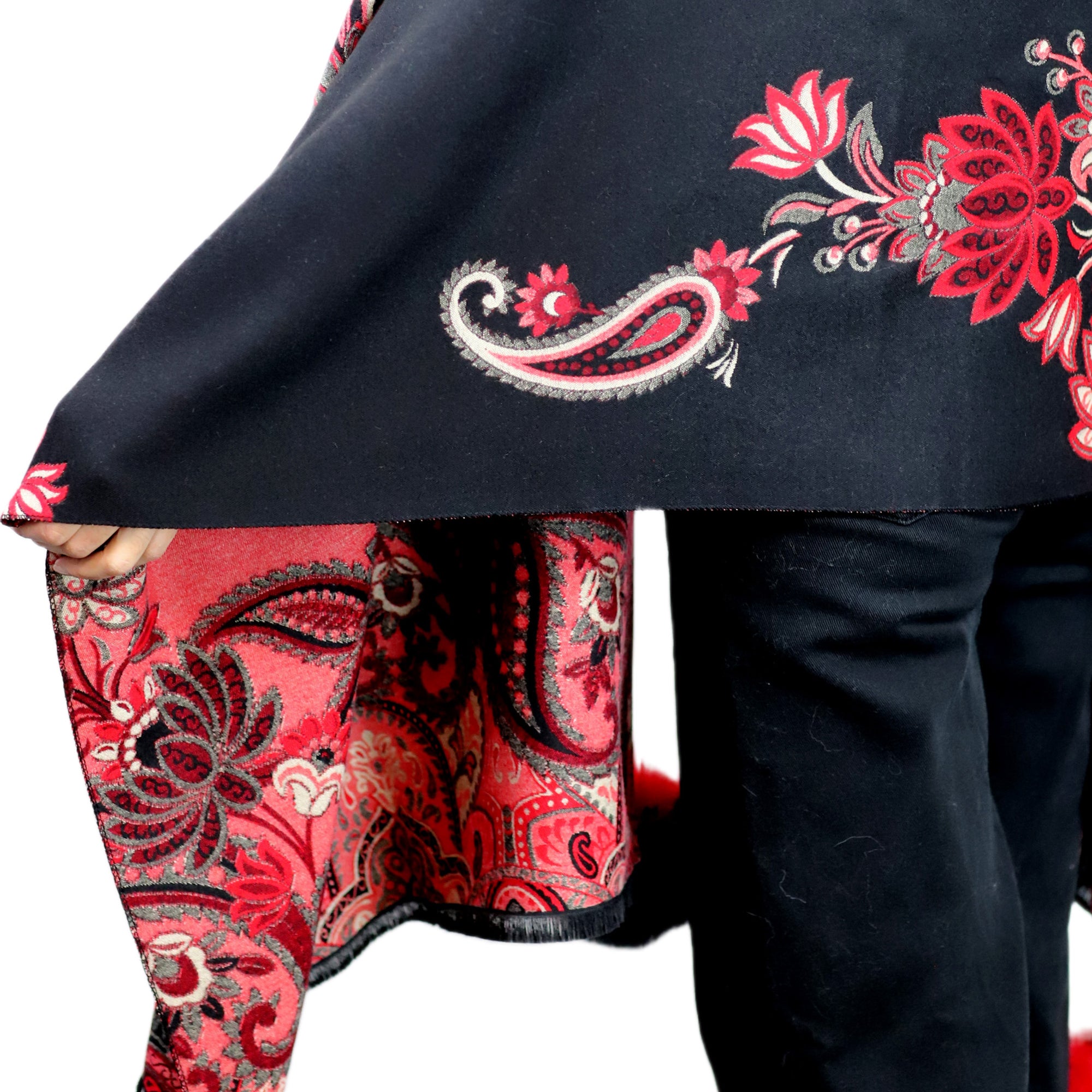 Paisley Print Wrap with Fox Poms - Black & Red - Fur Wrap - La Fiorentina TINA59-2304-BLACKRED