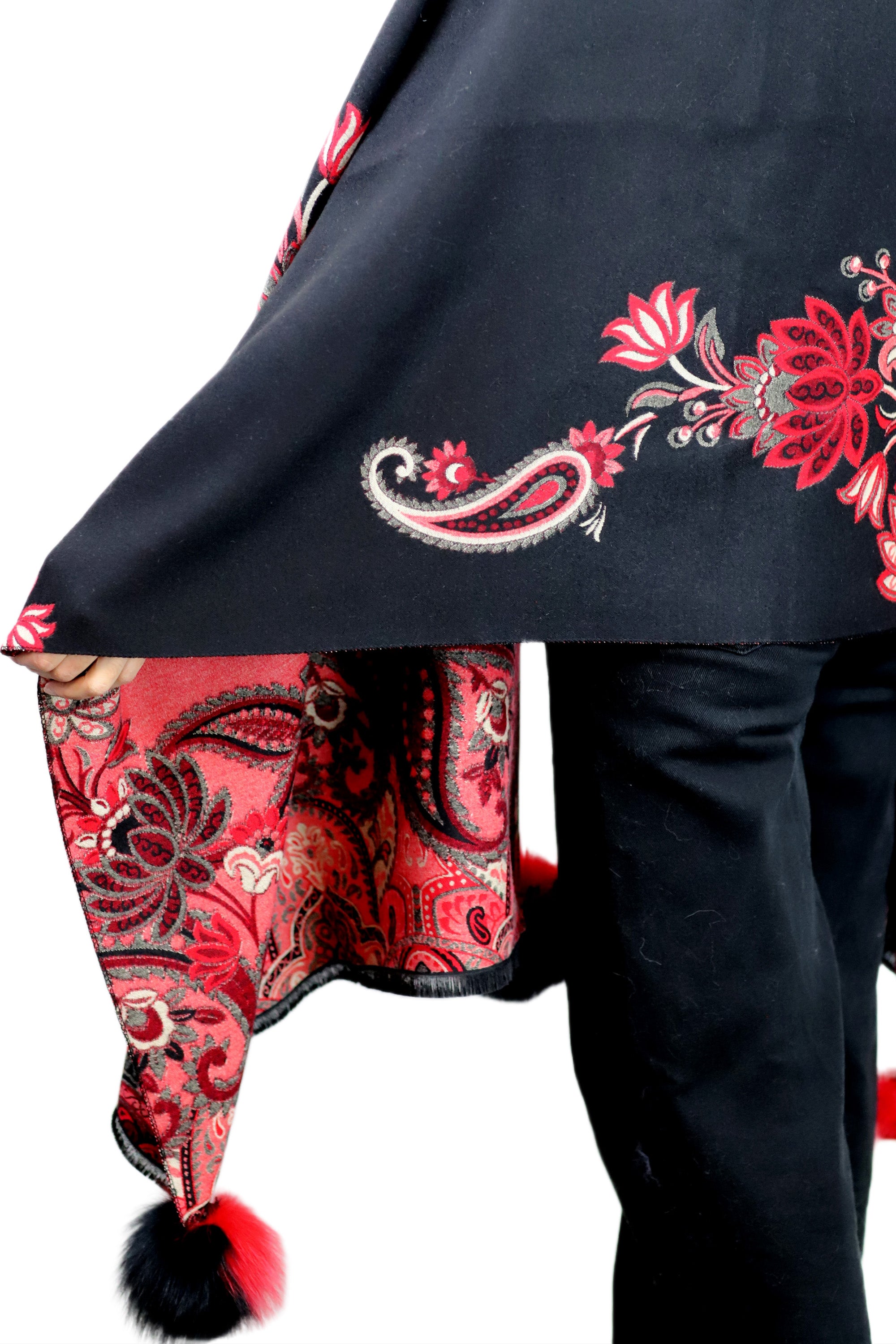 Paisley Print Wrap with Fox Poms - Black & Red - Fur Wrap - La Fiorentina TINA59-2304-BLACKRED