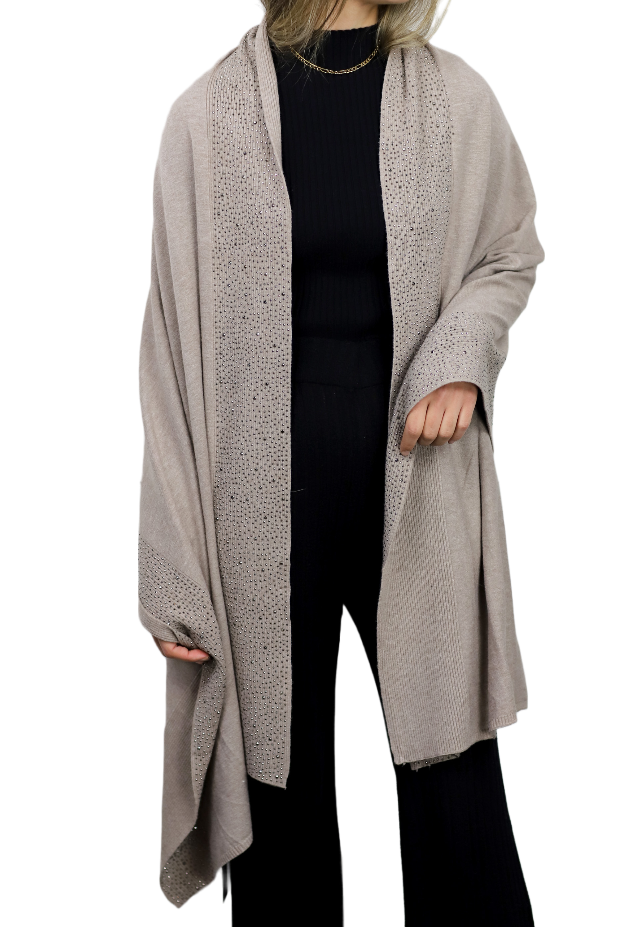 Scarf With Embellished Trim - Oatmeal - Wrap - La Fiorentina BE05 scarf-oatmeal