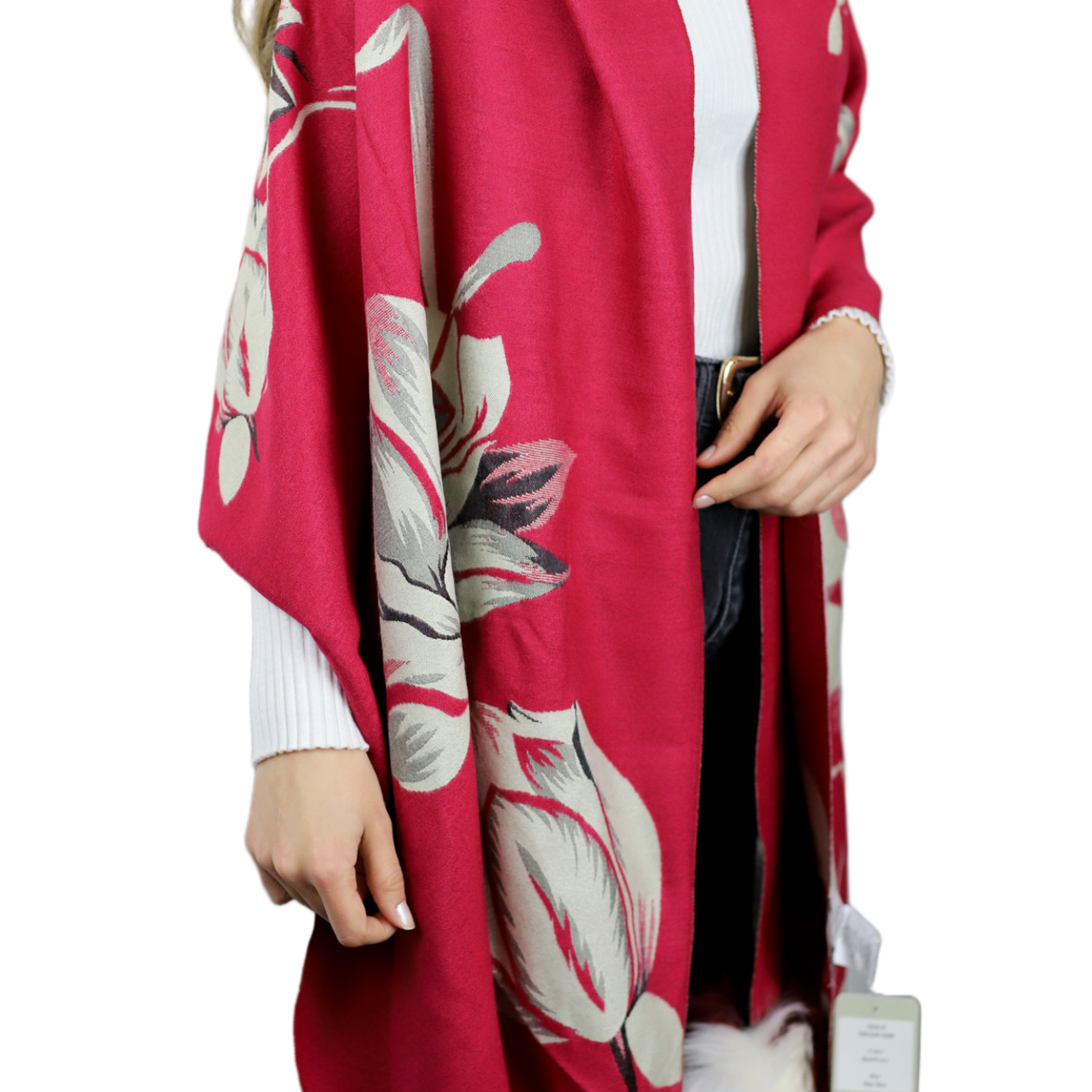  La Fiorentina Garden Print Wrap with Fur Poms - Red/Ivory - Fur Wrap - La Fiorentina TINA59-2205-REDIVORY