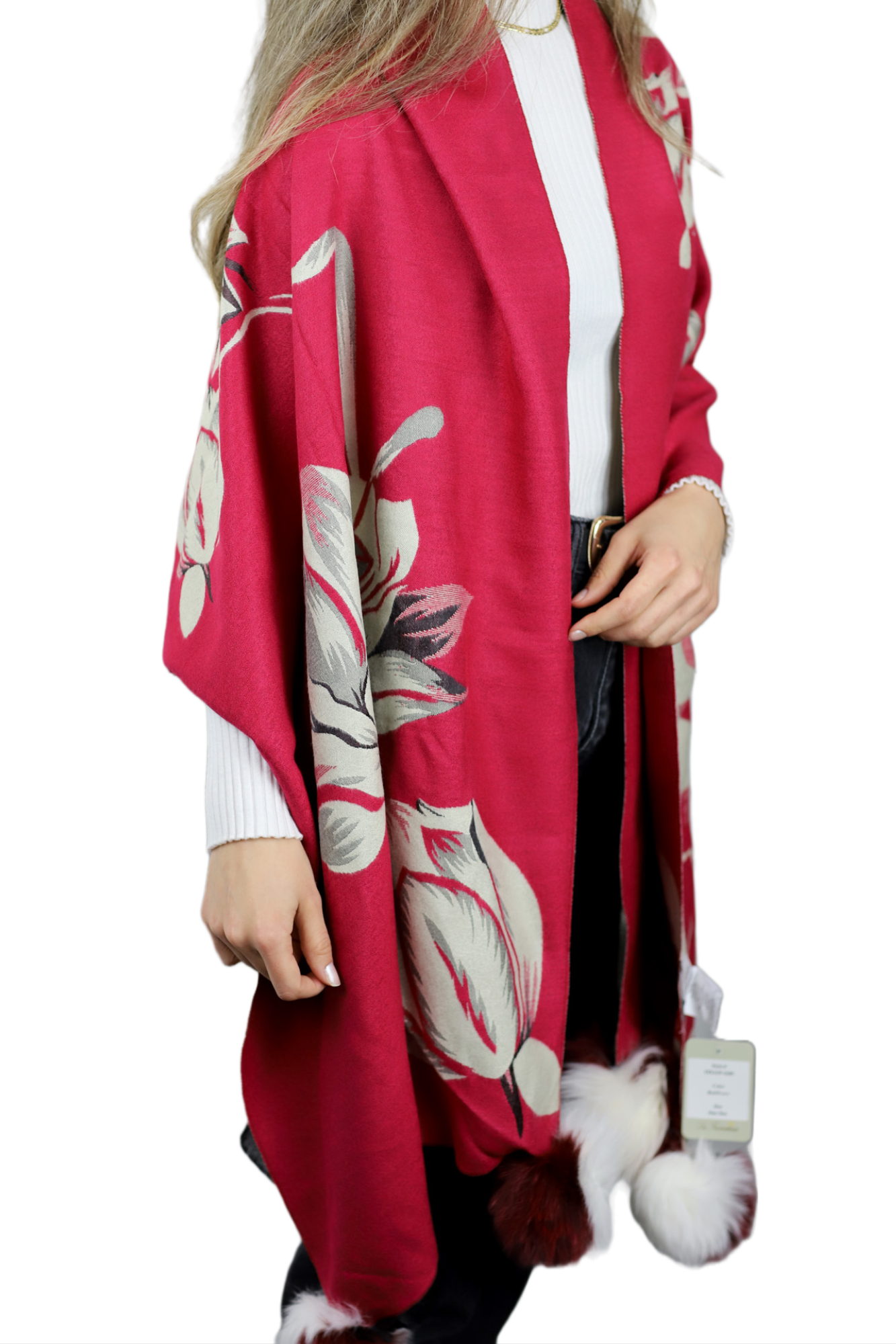  La Fiorentina Garden Print Wrap with Fur Poms - Red/Ivory - Fur Wrap - La Fiorentina TINA59-2205-REDIVORY