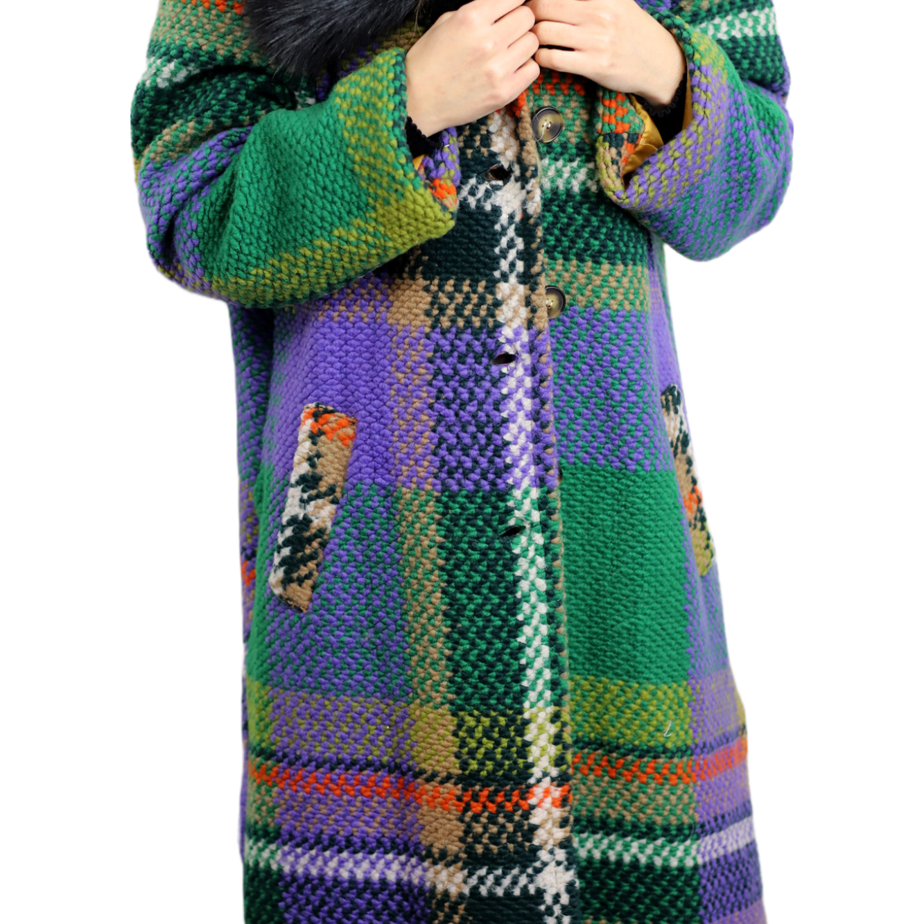 La Fiorentina Long Plaid Wool Coat w/ Faux Fur Trim- Green/Black - Faux Fur Jacket - La Fiorentina FL3636-GRNBLK-ML