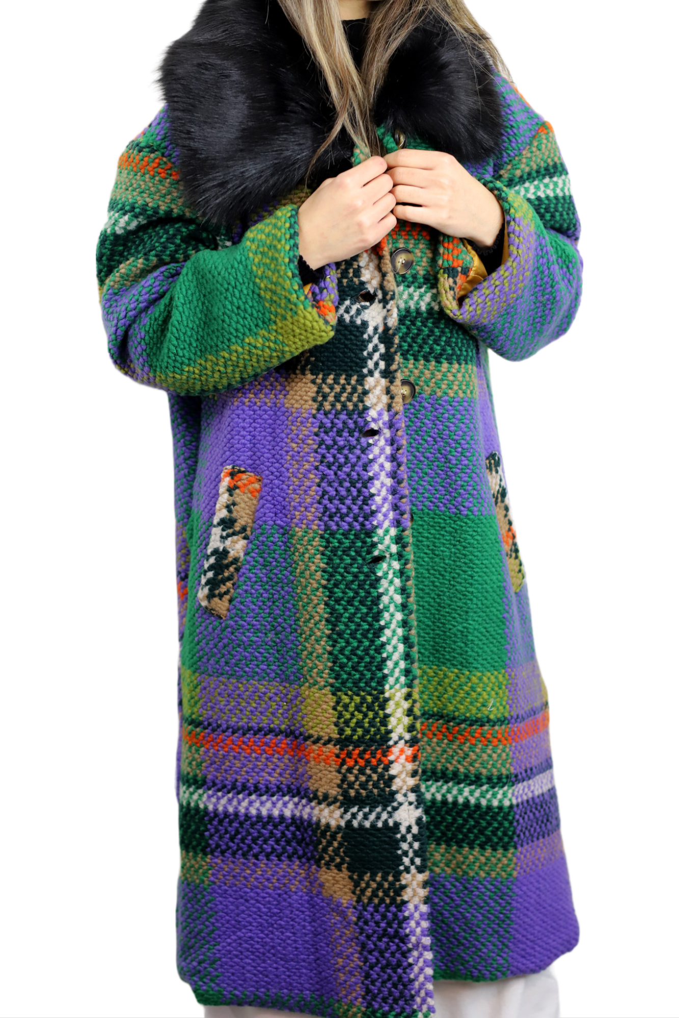 La Fiorentina Long Plaid Wool Coat w/ Faux Fur Trim- Green/Black - Faux Fur Jacket - La Fiorentina FL3636-GRNBLK-ML