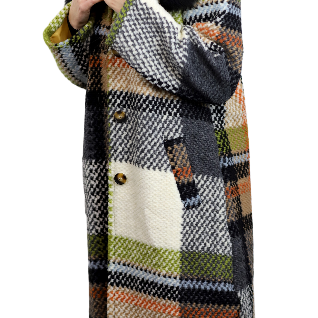 La Fiorentina Long Plaid Wool Coat w/ Faux Fur Trim - Ivory/Black - Faux Fur Jacket - La Fiorentina