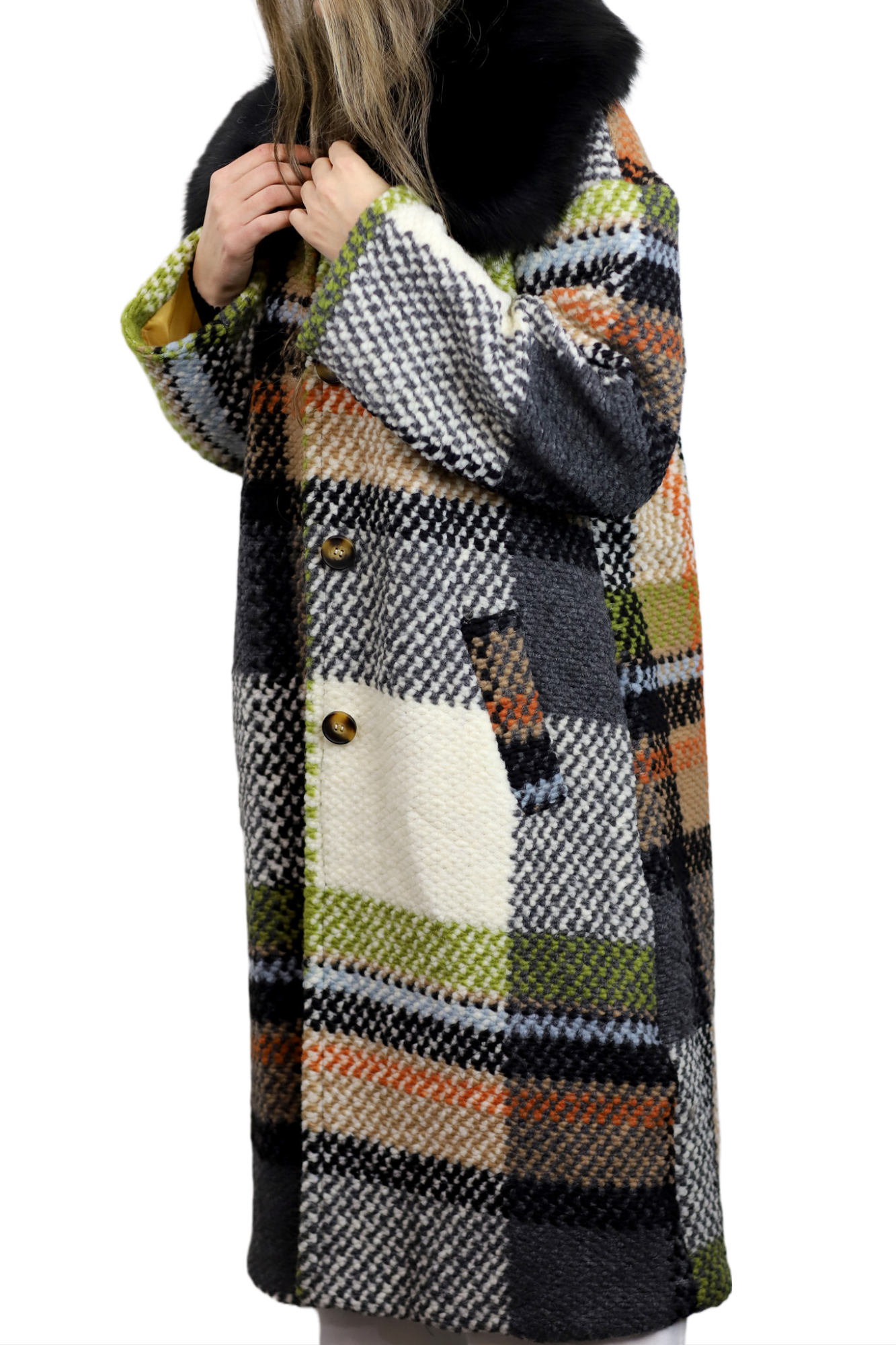 La Fiorentina Long Plaid Wool Coat w/ Faux Fur Trim - Ivory/Black - Faux Fur Jacket - La Fiorentina