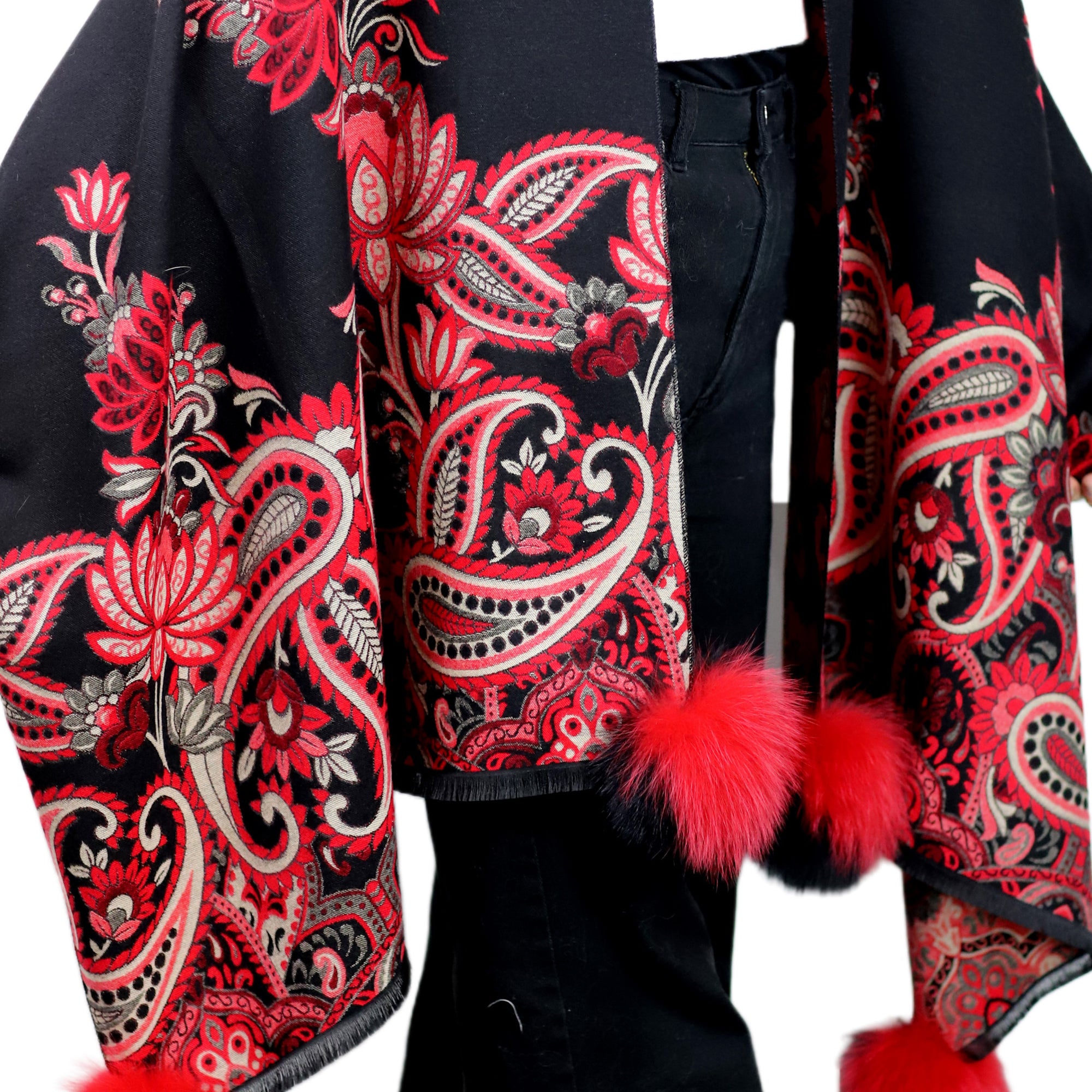 Paisley Print Wrap with Fox Poms - Black & Red - Fur Wrap - La Fiorentina TINA59-2304-BLACKRED