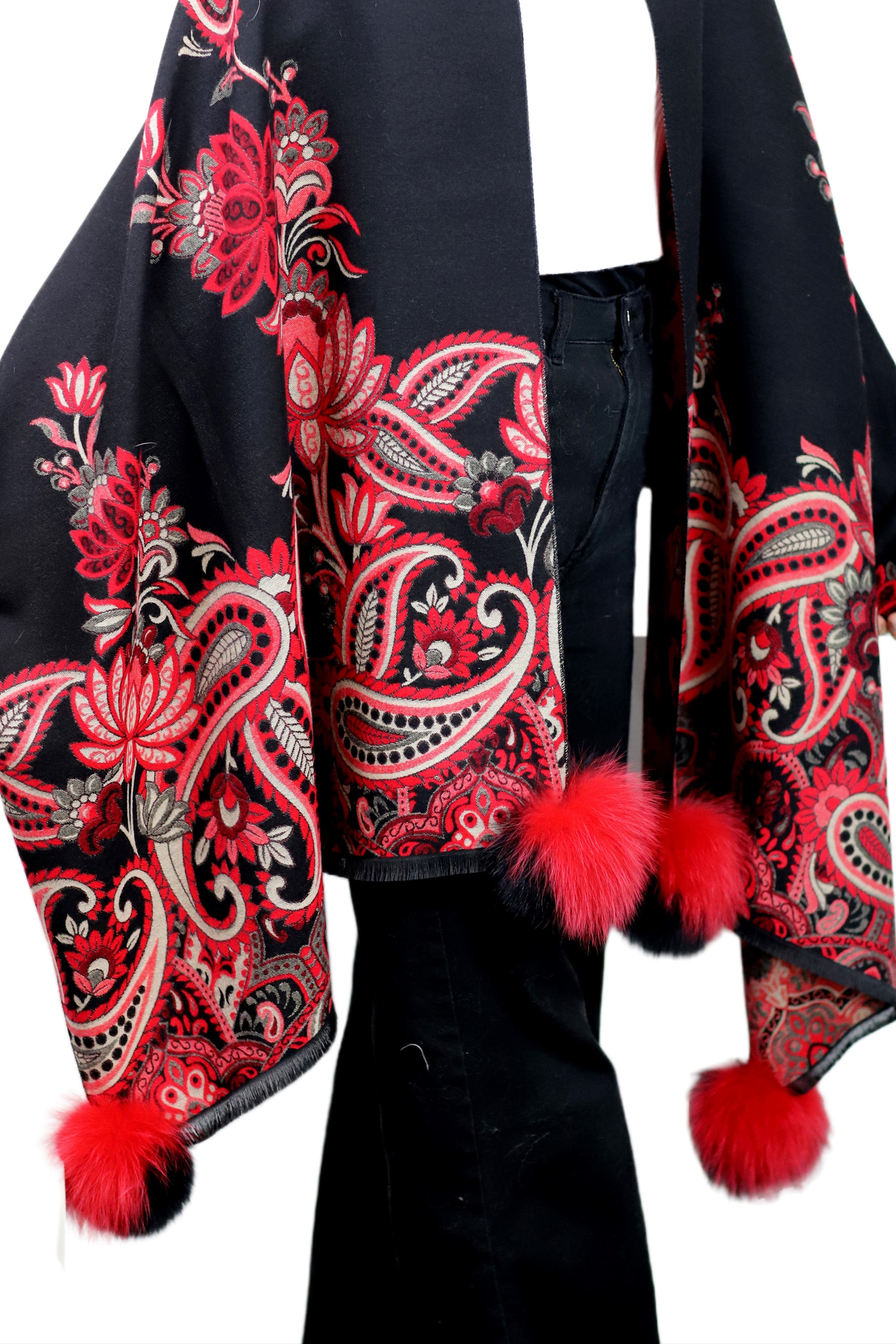 Paisley Print Wrap with Fox Poms - Black & Red - Fur Wrap - La Fiorentina TINA59-2304-BLACKRED