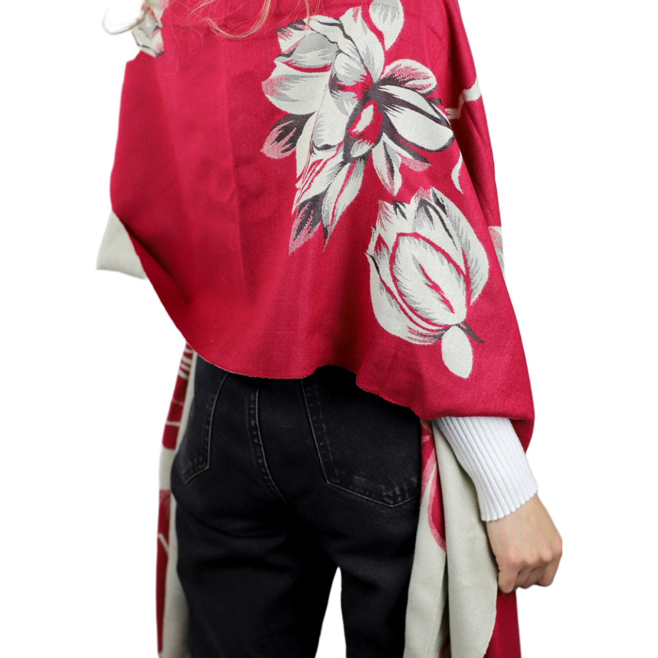  La Fiorentina Garden Print Wrap with Fur Poms - Red/Ivory - Fur Wrap - La Fiorentina TINA59-2205-REDIVORY