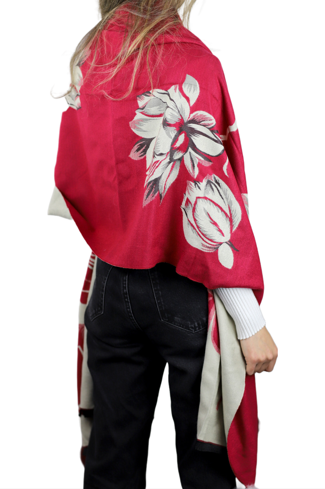  La Fiorentina Garden Print Wrap with Fur Poms - Red/Ivory - Fur Wrap - La Fiorentina TINA59-2205-REDIVORY