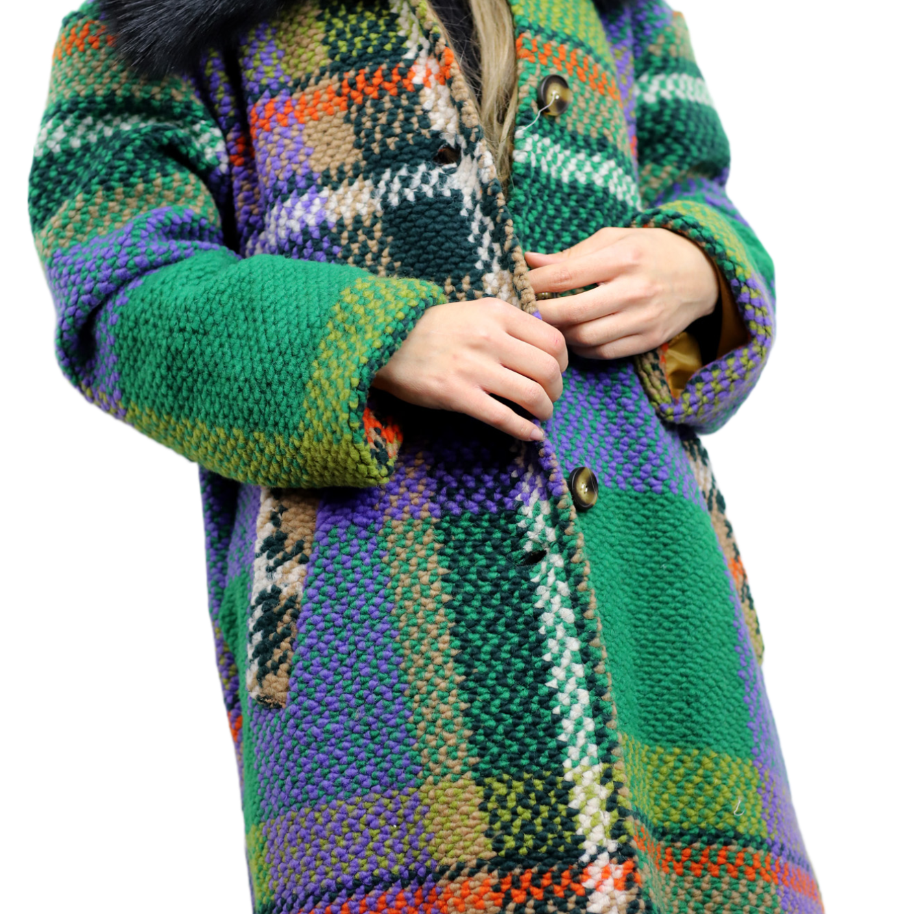 La Fiorentina Long Plaid Wool Coat w/ Faux Fur Trim- Green/Black - Faux Fur Jacket - La Fiorentina FL3636-GRNBLK-ML