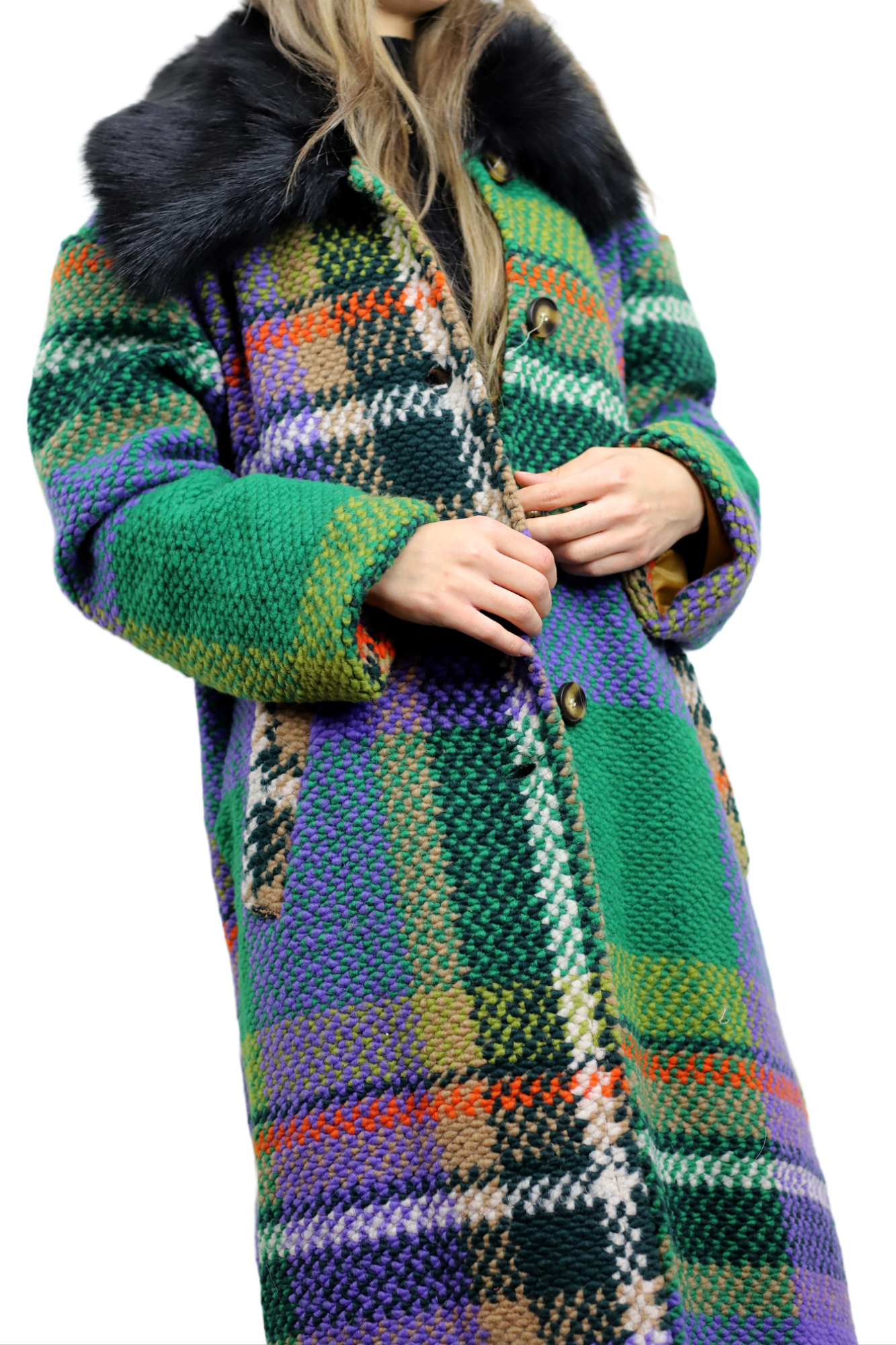 La Fiorentina Long Plaid Wool Coat w/ Faux Fur Trim- Green/Black - Faux Fur Jacket - La Fiorentina FL3636-GRNBLK-ML