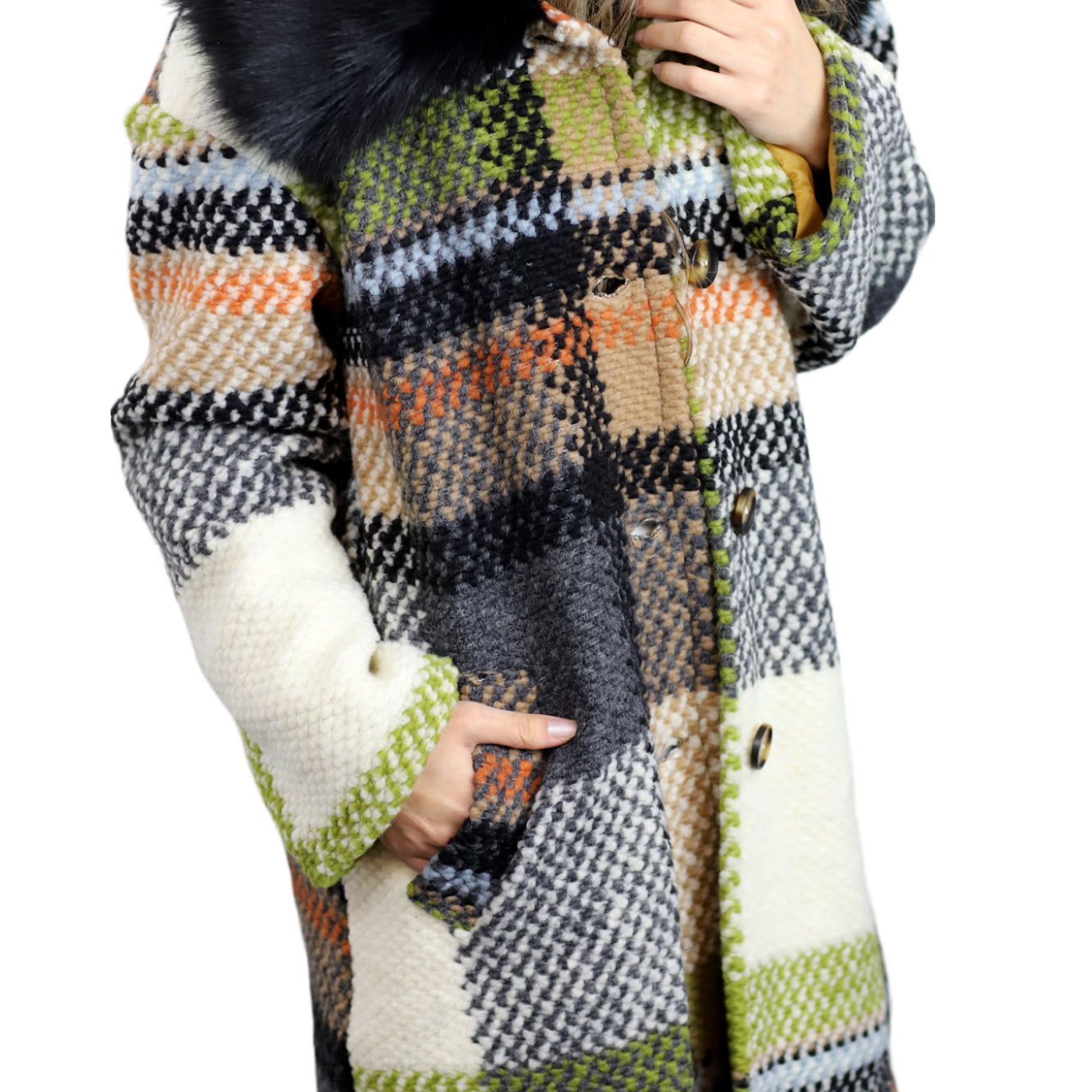La Fiorentina Long Plaid Wool Coat w/ Faux Fur Trim - Ivory/Black - Faux Fur Jacket - La Fiorentina