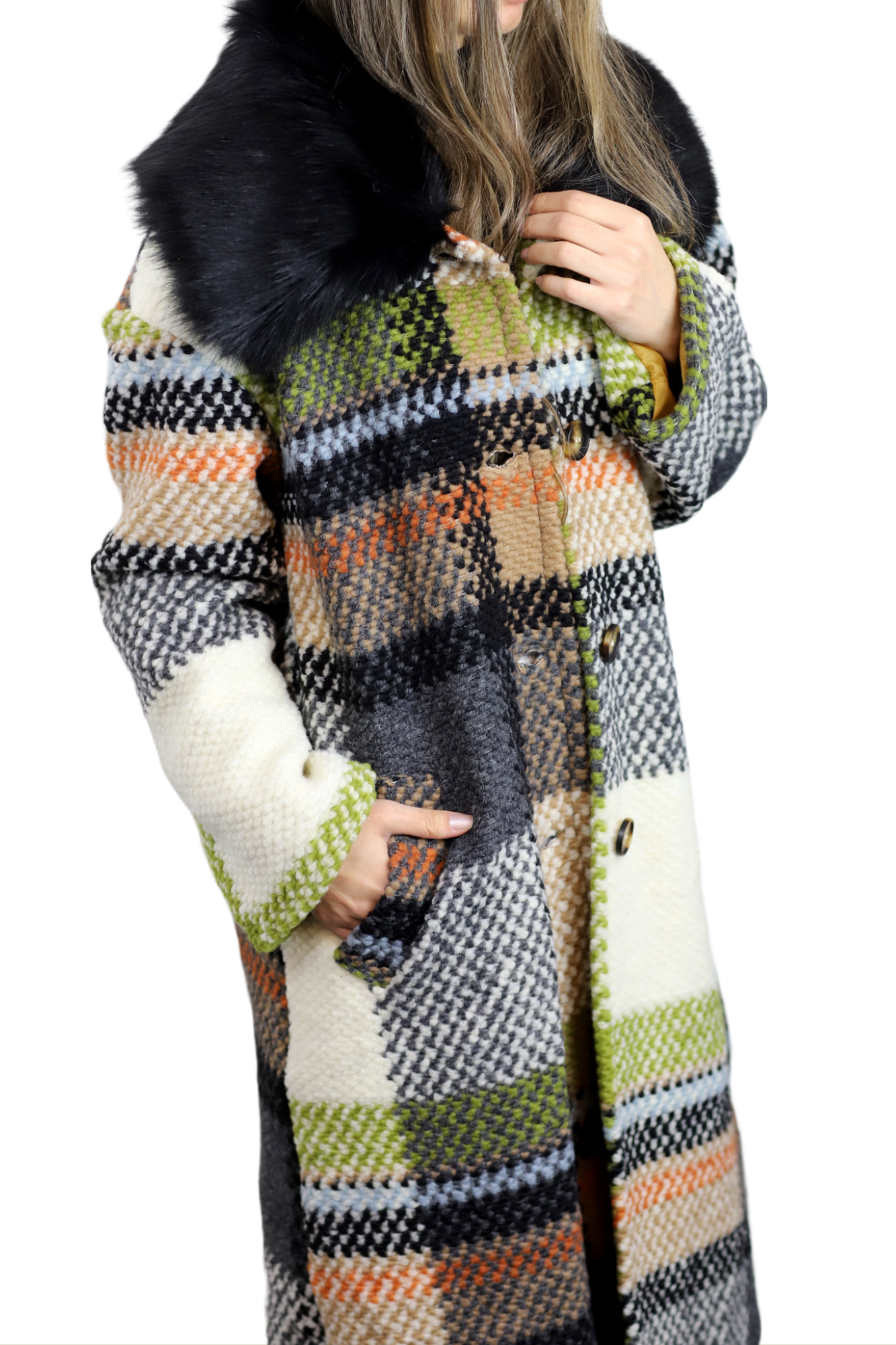 La Fiorentina Long Plaid Wool Coat w/ Faux Fur Trim - Ivory/Black - Faux Fur Jacket - La Fiorentina