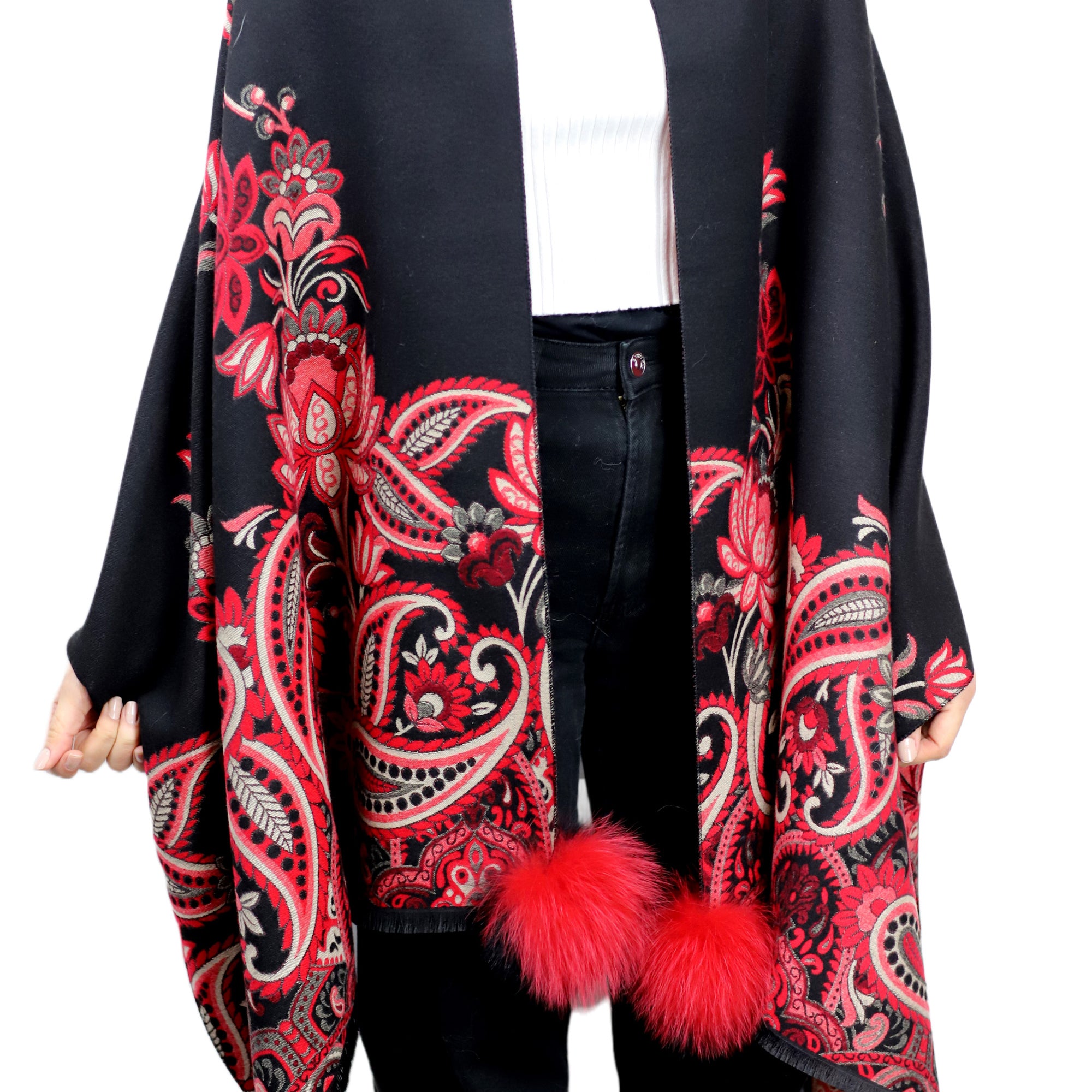 Paisley Print Wrap with Fox Poms - Black & Red - Fur Wrap - La Fiorentina TINA59-2304-BLACKRED