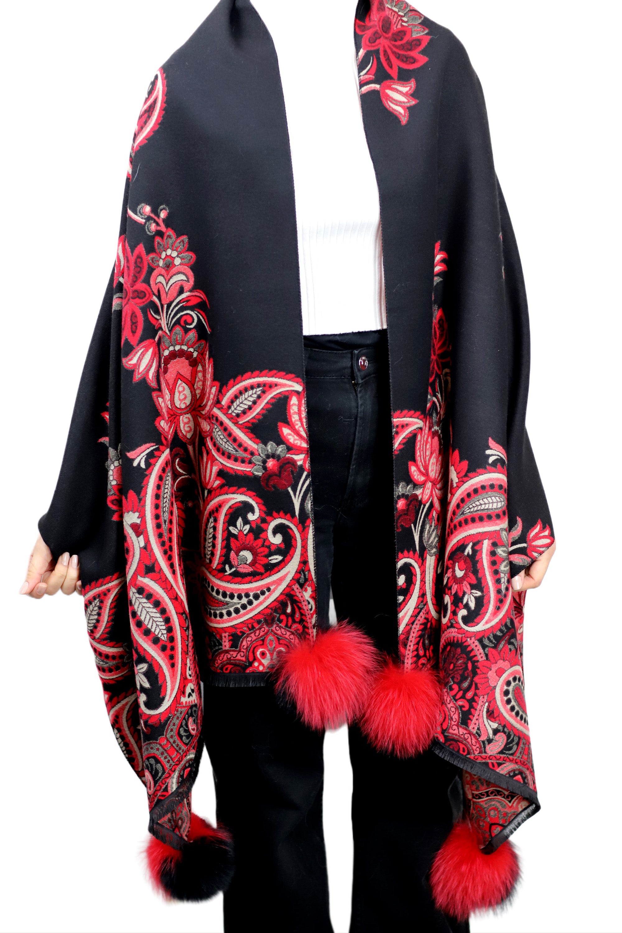Paisley Print Wrap with Fox Poms - Black & Red - Fur Wrap - La Fiorentina TINA59-2304-BLACKRED