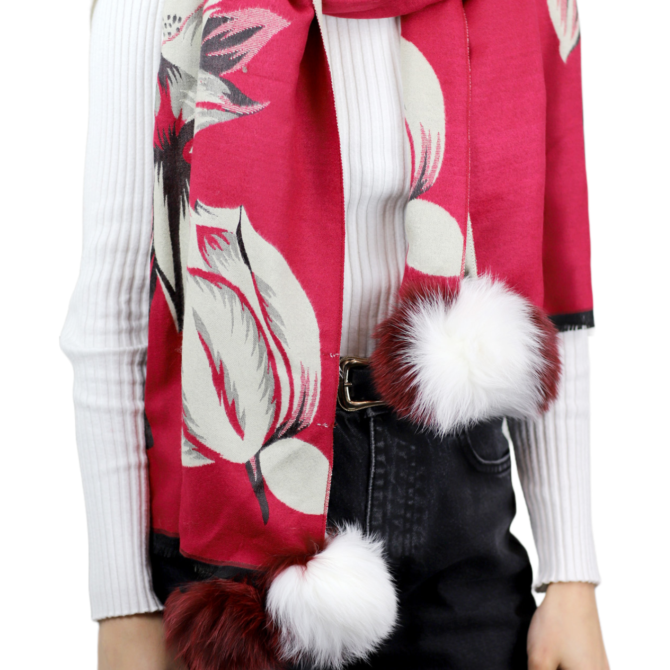  La Fiorentina Garden Print Wrap with Fur Poms - Red/Ivory - Fur Wrap - La Fiorentina TINA59-2205-REDIVORY
