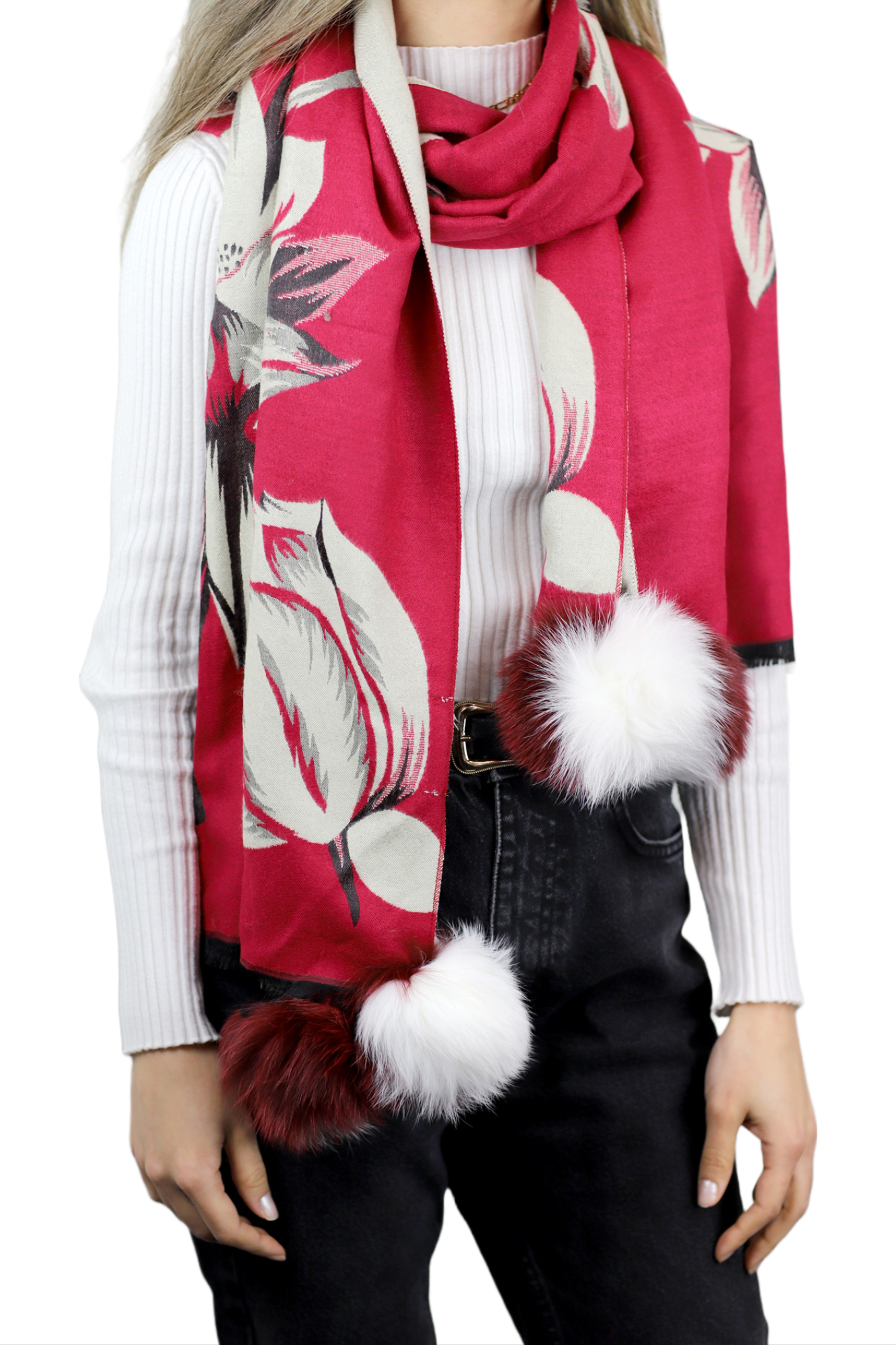  La Fiorentina Garden Print Wrap with Fur Poms - Red/Ivory - Fur Wrap - La Fiorentina TINA59-2205-REDIVORY