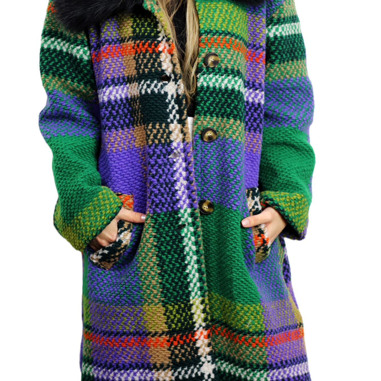 La Fiorentina Long Plaid Wool Coat w/ Faux Fur Trim- Green/Black - Faux Fur Jacket - La Fiorentina FL3636-GRNBLK-ML