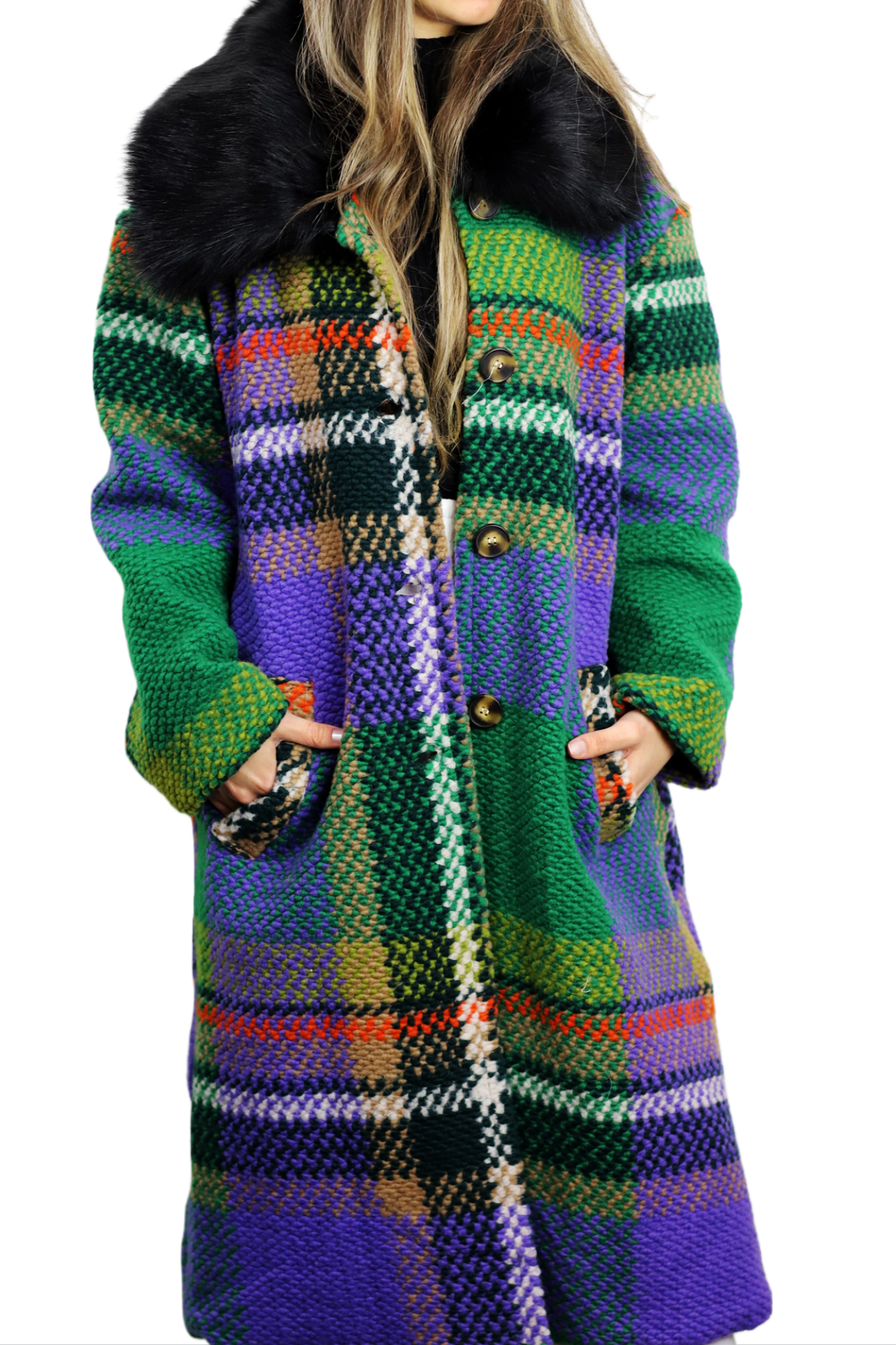 La Fiorentina Long Plaid Wool Coat w/ Faux Fur Trim- Green/Black - Faux Fur Jacket - La Fiorentina FL3636-GRNBLK-ML