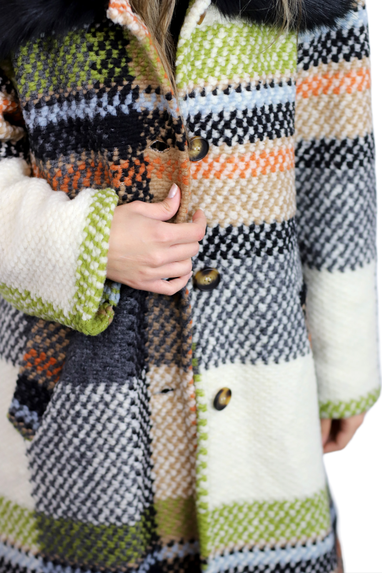 La Fiorentina Long Plaid Wool Coat w/ Faux Fur Trim - Ivory/Black - Faux Fur Jacket - La Fiorentina