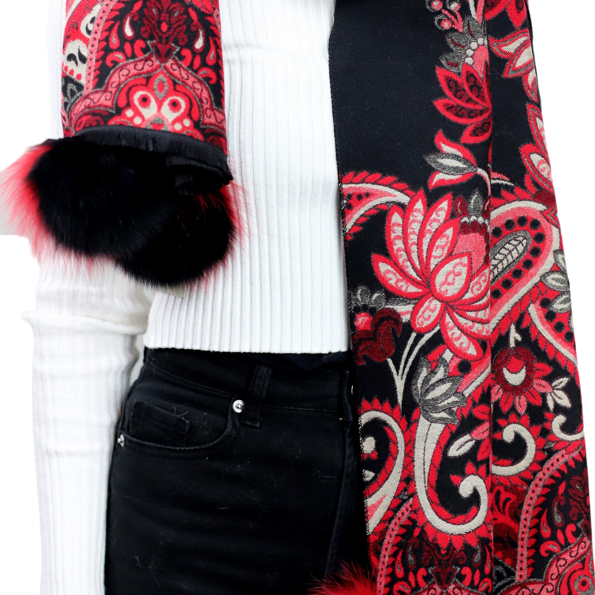 Paisley Print Wrap with Fox Poms - Black & Red - Fur Wrap - La Fiorentina TINA59-2304-BLACKRED