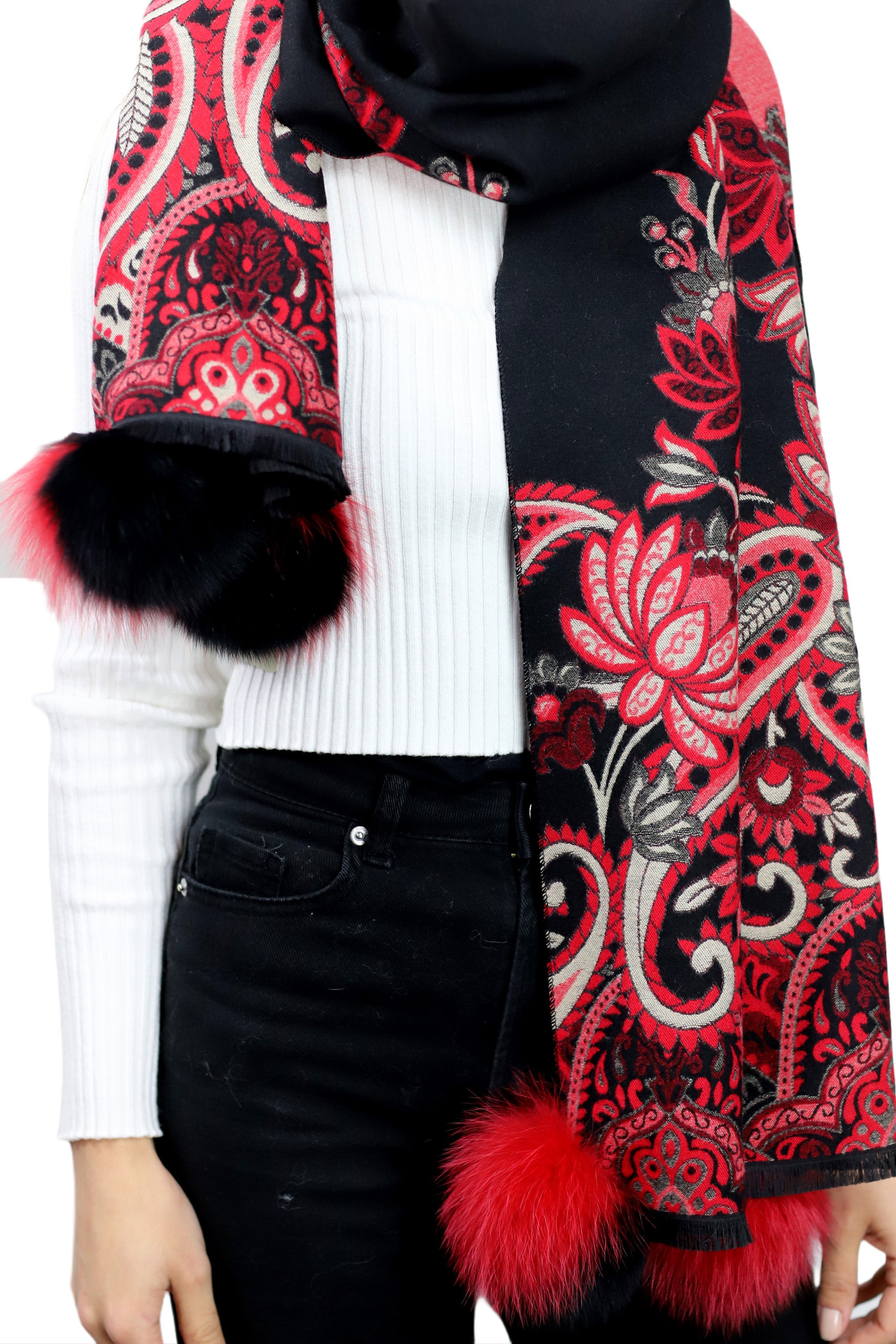 Paisley Print Wrap with Fox Poms - Black & Red - Fur Wrap - La Fiorentina TINA59-2304-BLACKRED