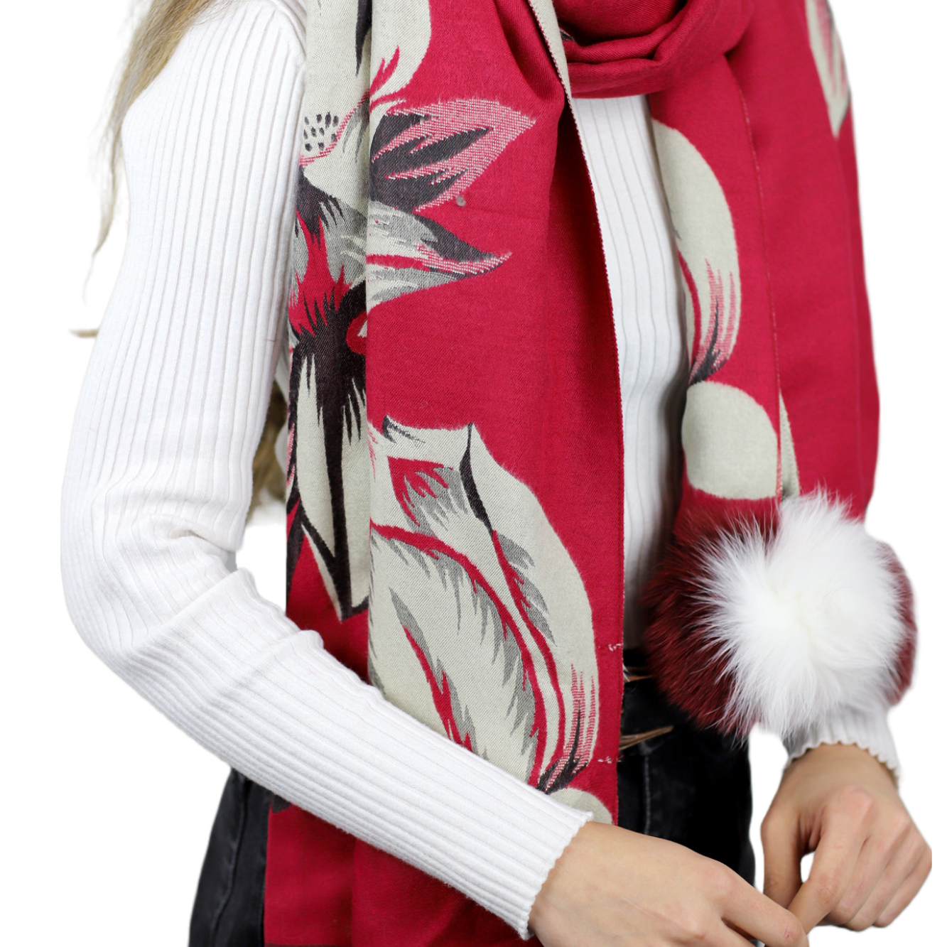  La Fiorentina Garden Print Wrap with Fur Poms - Red/Ivory - Fur Wrap - La Fiorentina TINA59-2205-REDIVORY