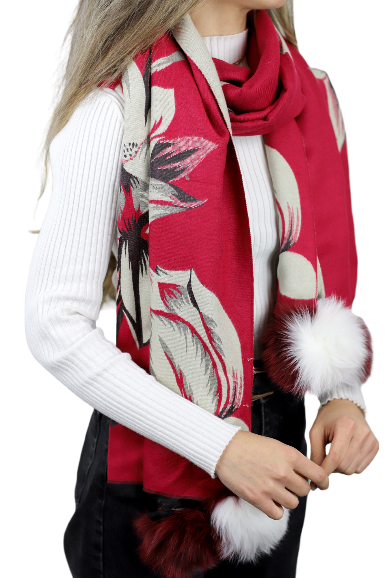 La Fiorentina Garden Print Wrap with Fur Poms - Red/Ivory - Fur Wrap - La Fiorentina TINA59-2205-REDIVORY