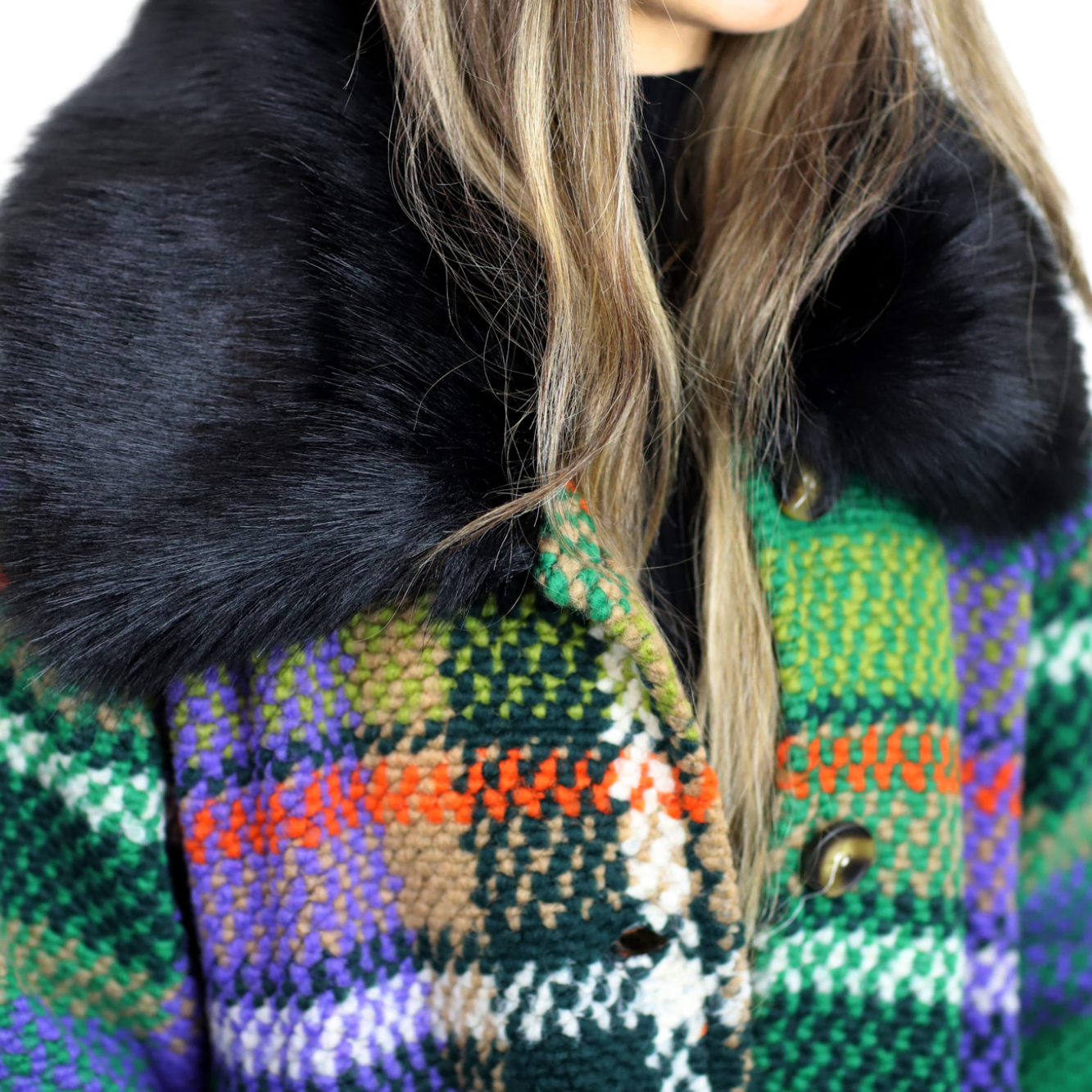 La Fiorentina Long Plaid Wool Coat w/ Faux Fur Trim- Green/Black - Faux Fur Jacket - La Fiorentina FL3636-GRNBLK-ML